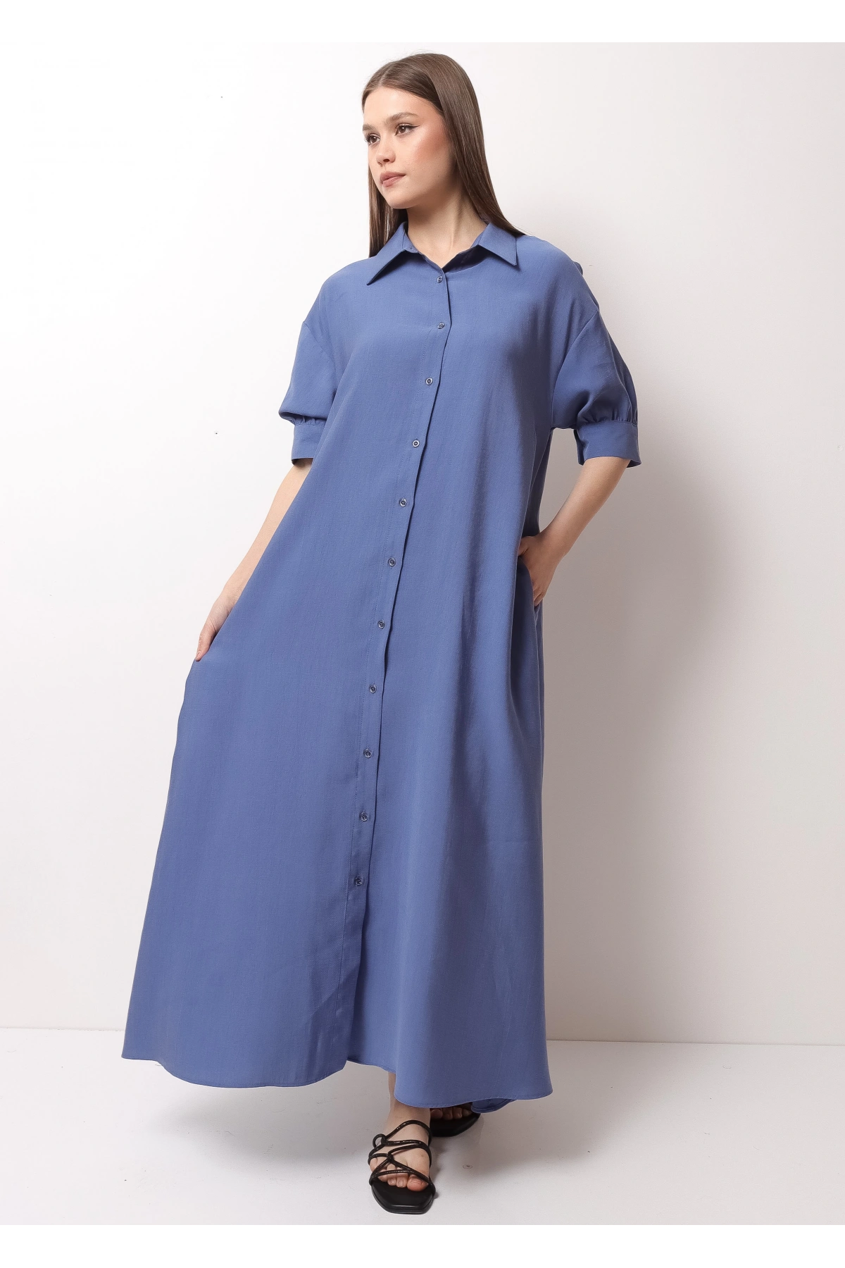 Mavi Yarım Kol Kadın Midi Elbise