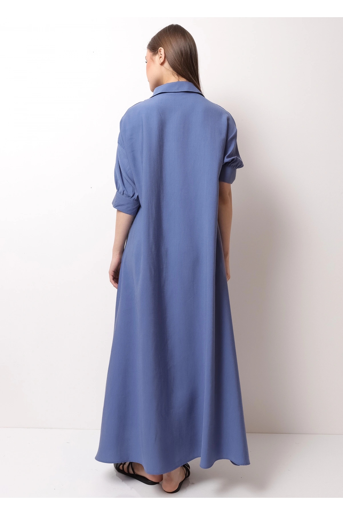 Mavi Yarım Kol Kadın Midi Elbise