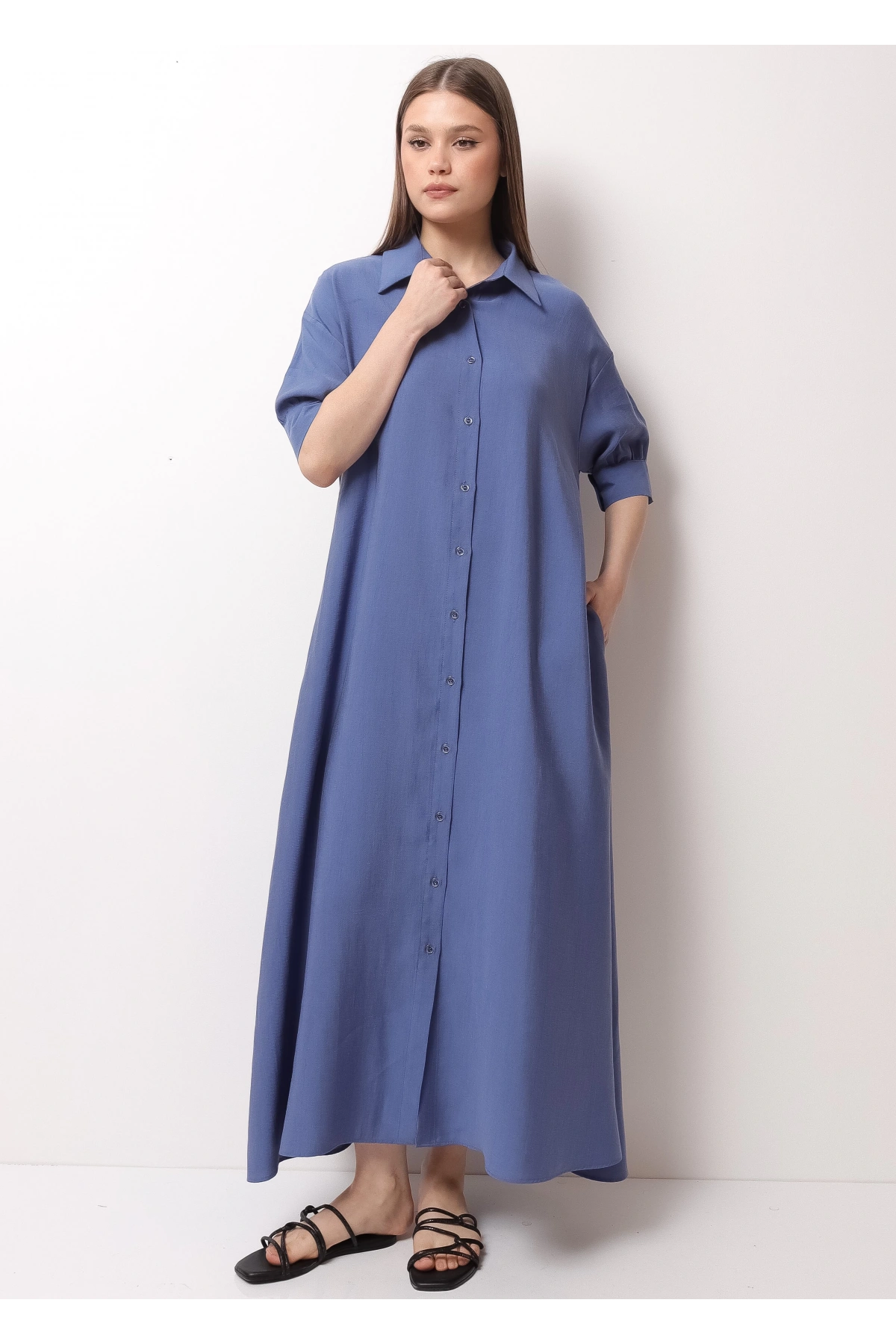 Mavi Yarım Kol Kadın Midi Elbise