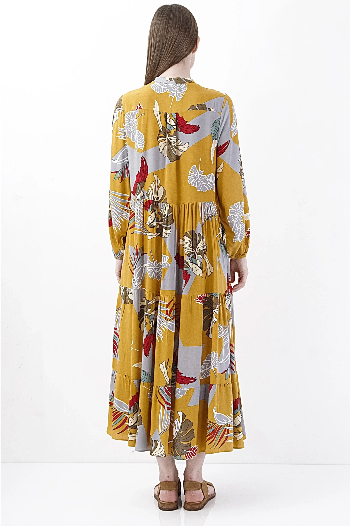 Floral Desenli Hardal Sarısı Midi Elbise