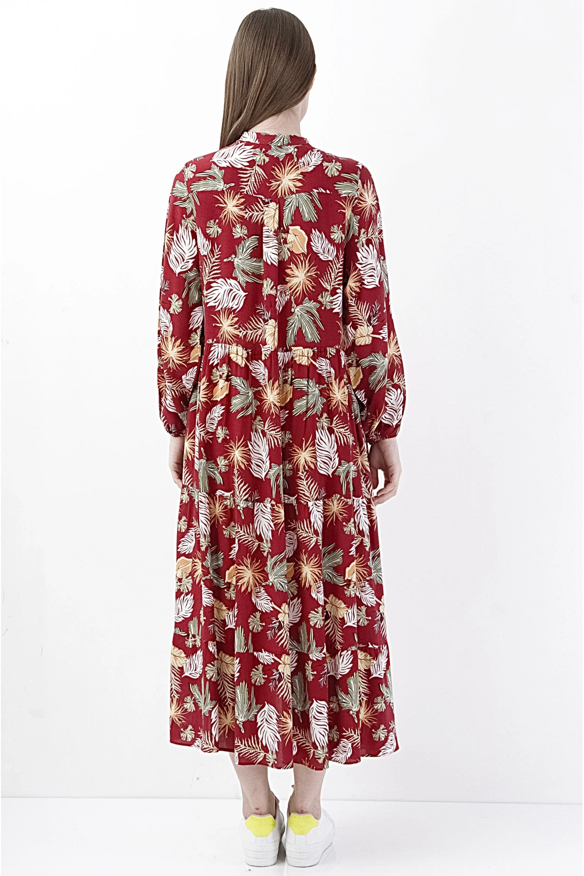 Kırmızı Yaprak Desenli Midi Elbise