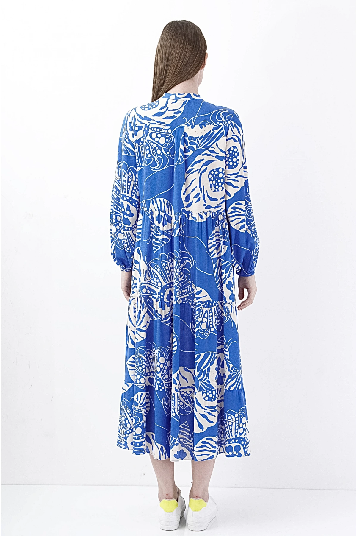 Mavi Desenli Uzun Kol Bohem Midi Elbise Kadın