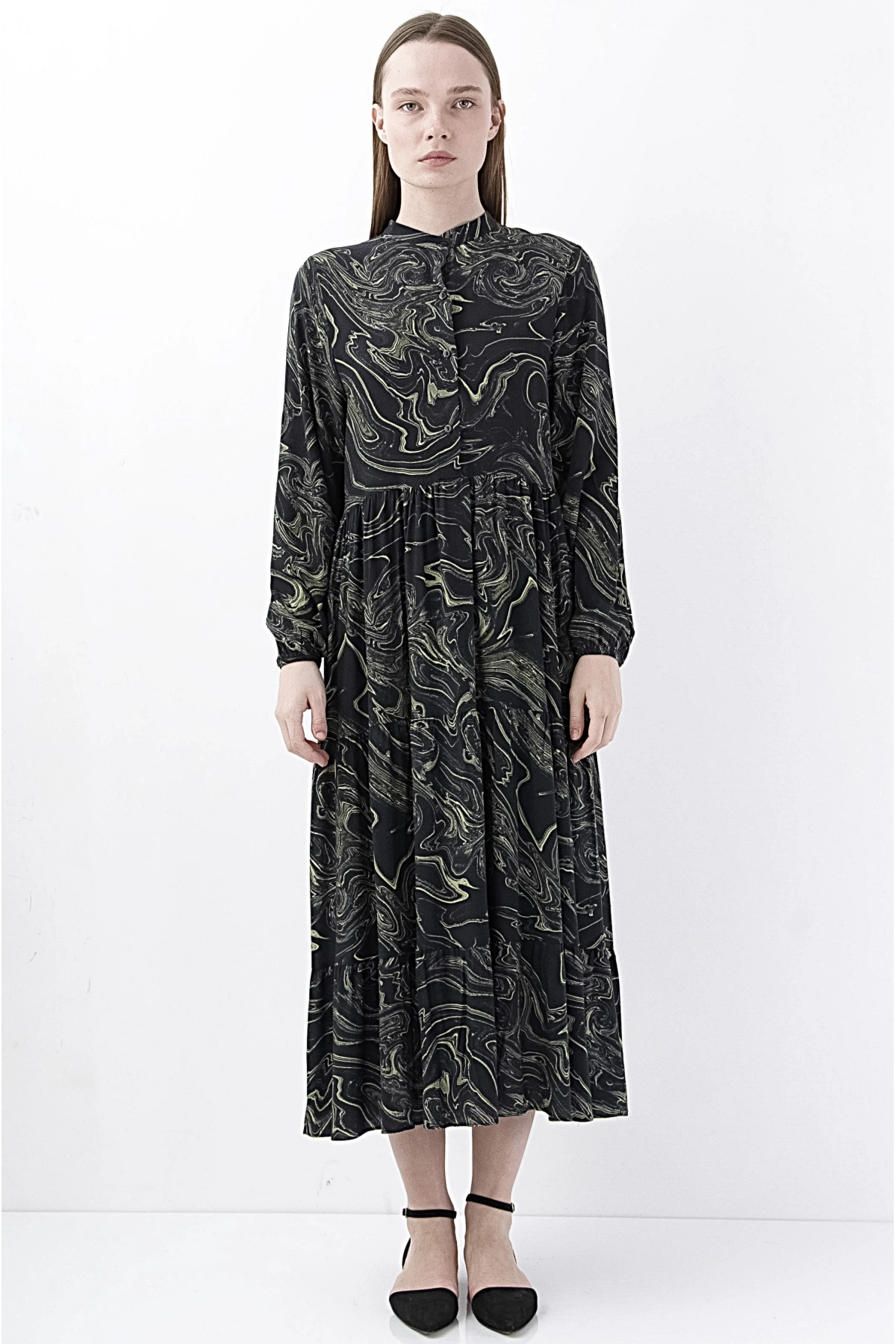 Siyah Marble Desenli Midi Elbise