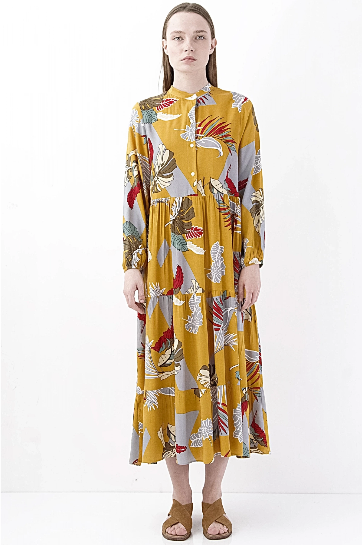 Floral Desenli Hardal Sarısı Midi Elbise