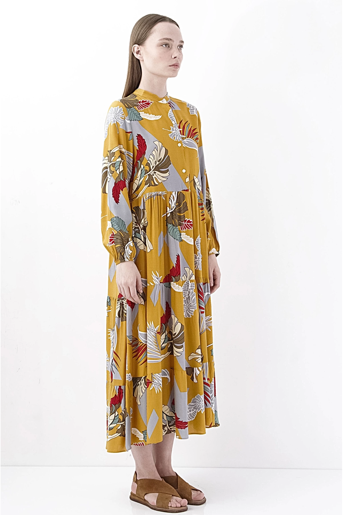 Floral Desenli Hardal Sarısı Midi Elbise
