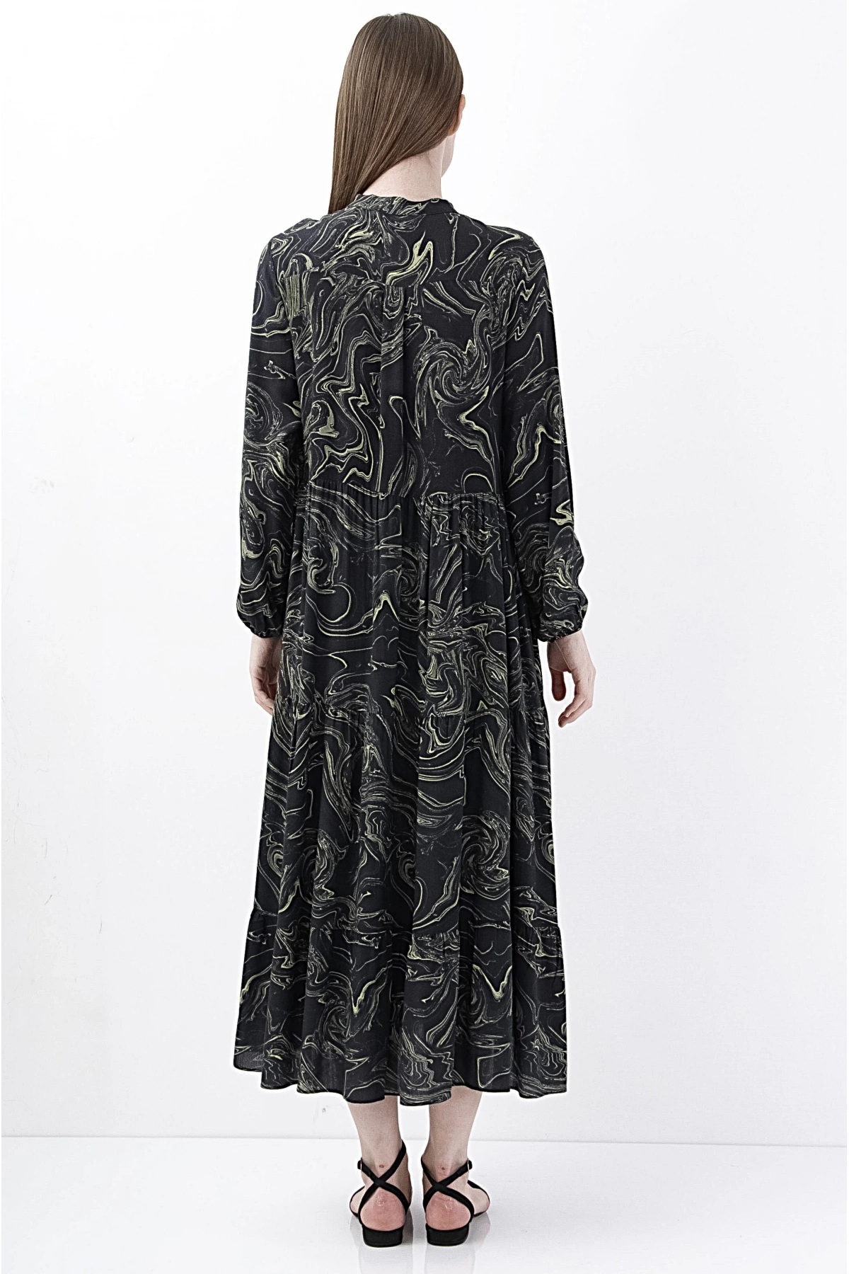 Siyah Marble Desenli Midi Elbise