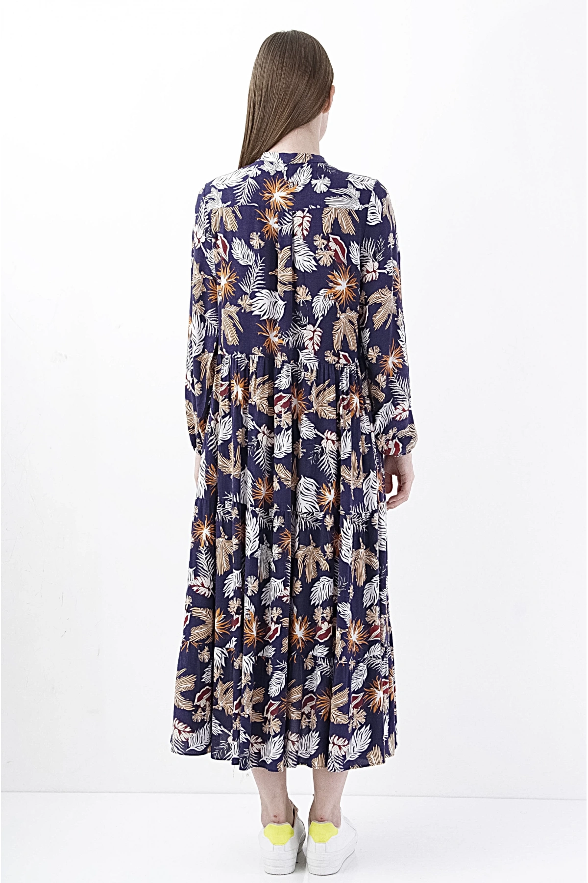 Yaprak Desenli Siyah Midi Kadın Elbise