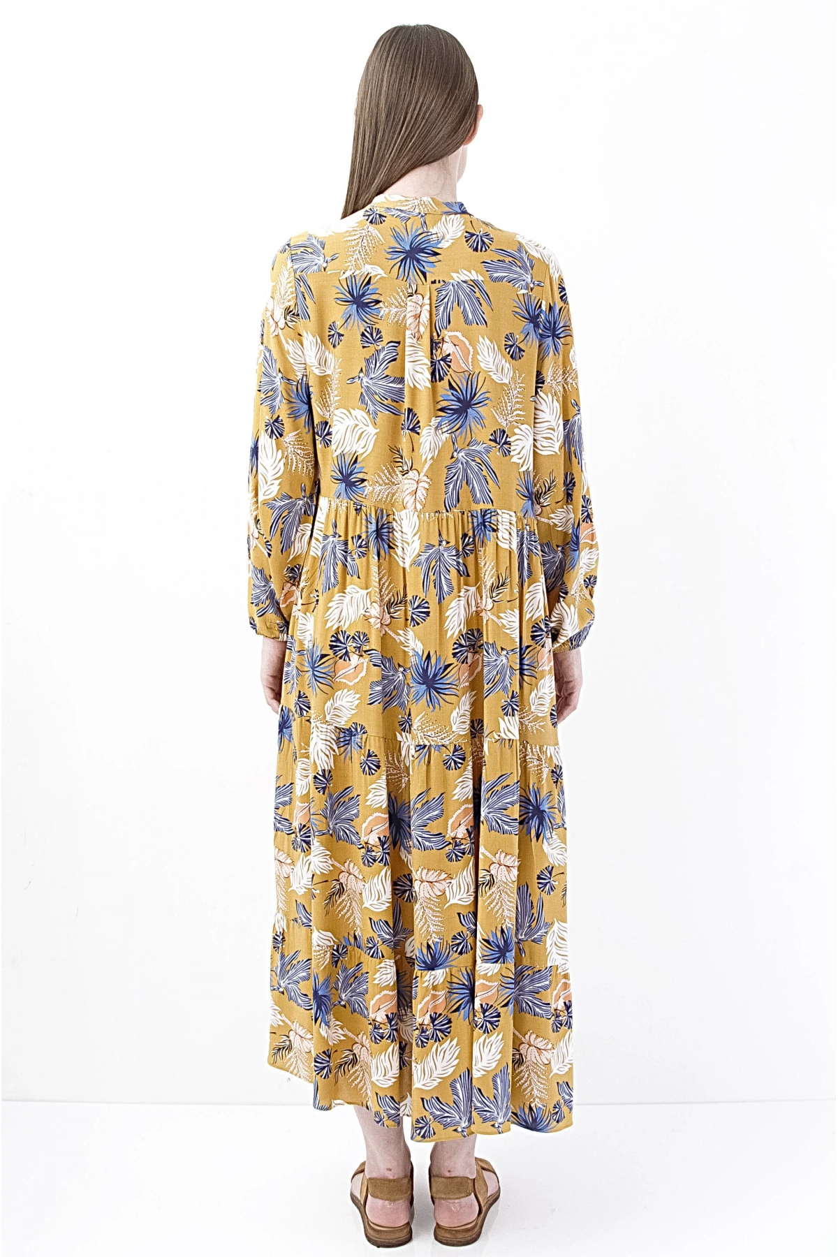 Çiçek Desenli Sarı Midi Elbise