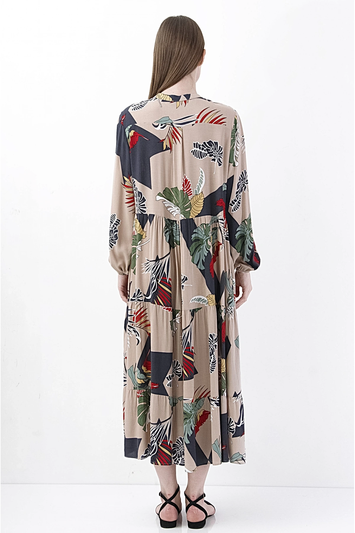 Tropikal Desenli Bej Midi Elbise