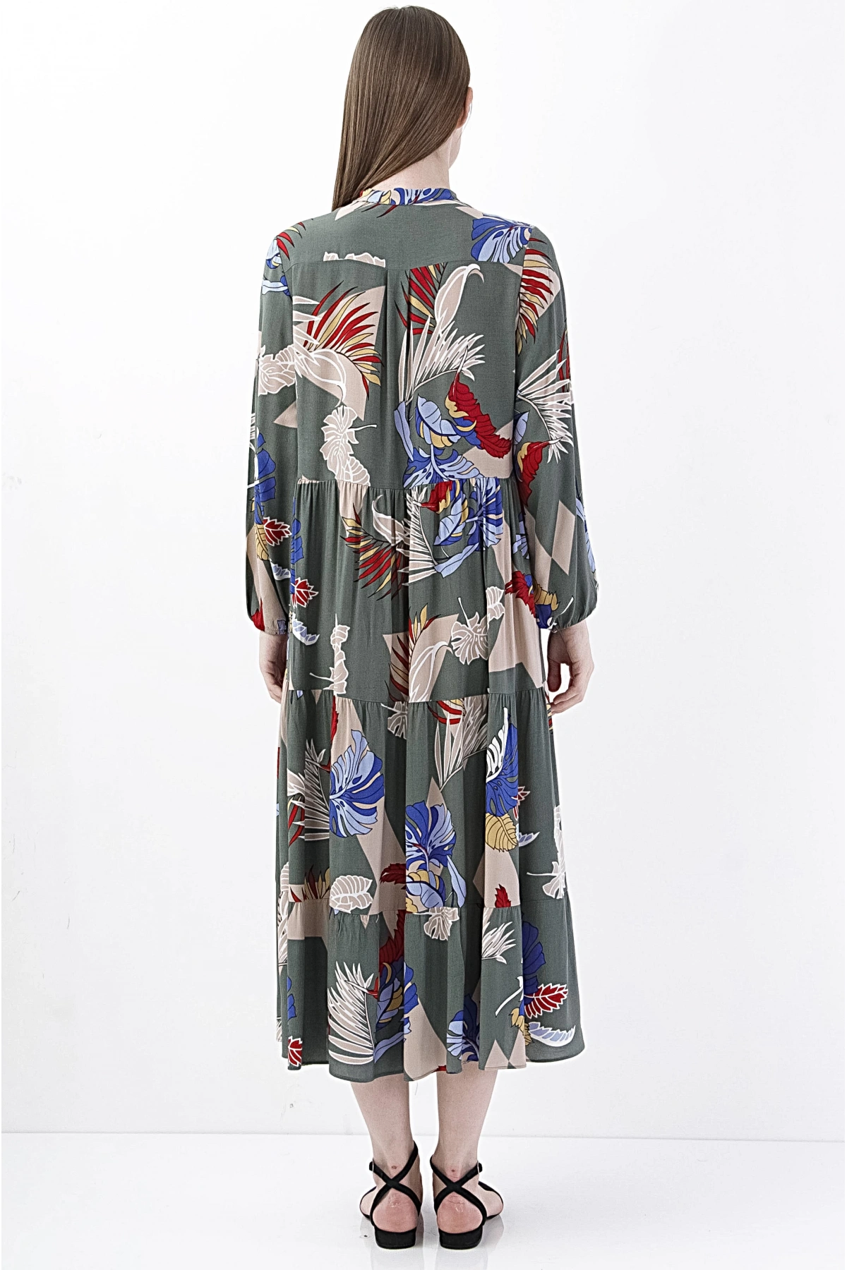 Floral Desenli Şık Yeşil Midi Elbise