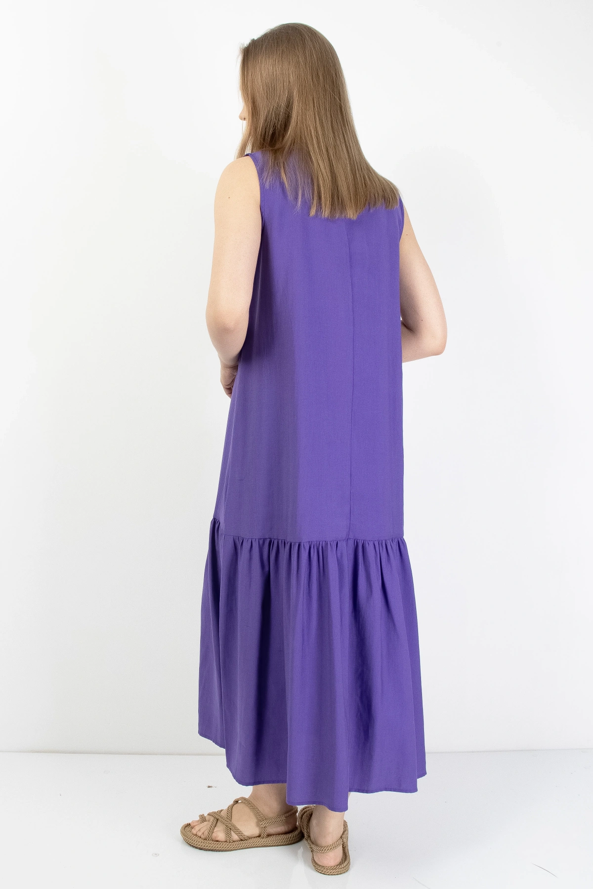 Mor Volanlı Kadın Midi Elbise