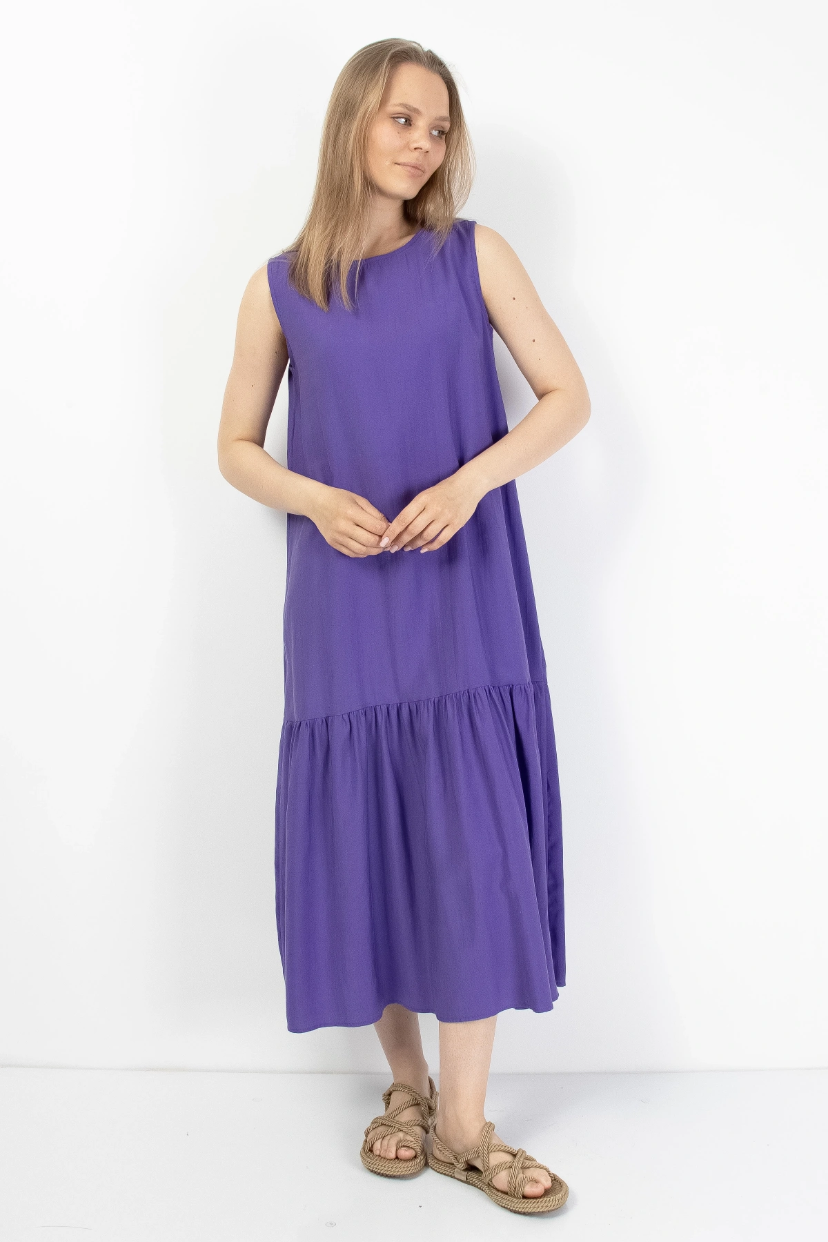 Mor Volanlı Kadın Midi Elbise