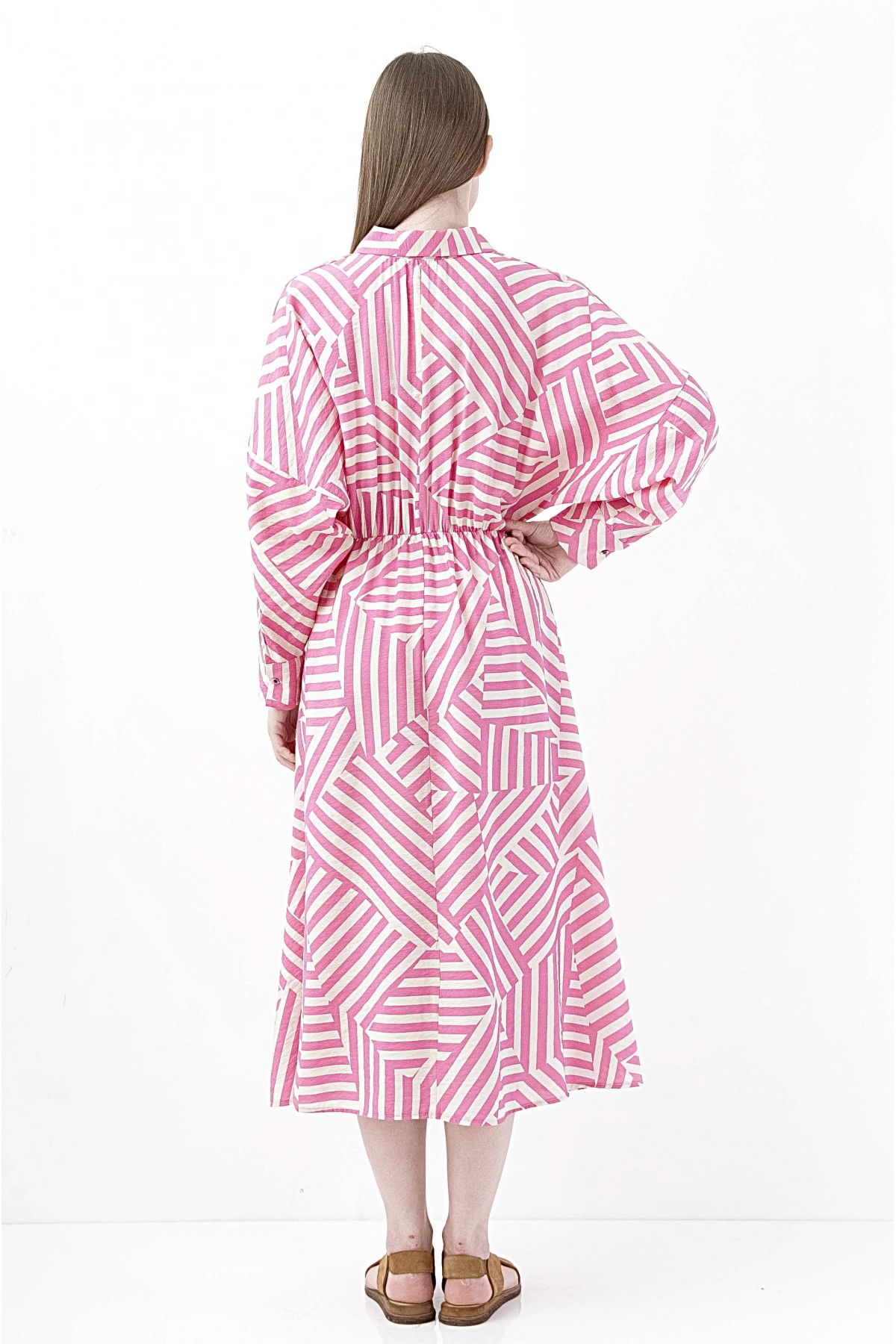 Pembe Geometrik Çizgili Midi Elbise