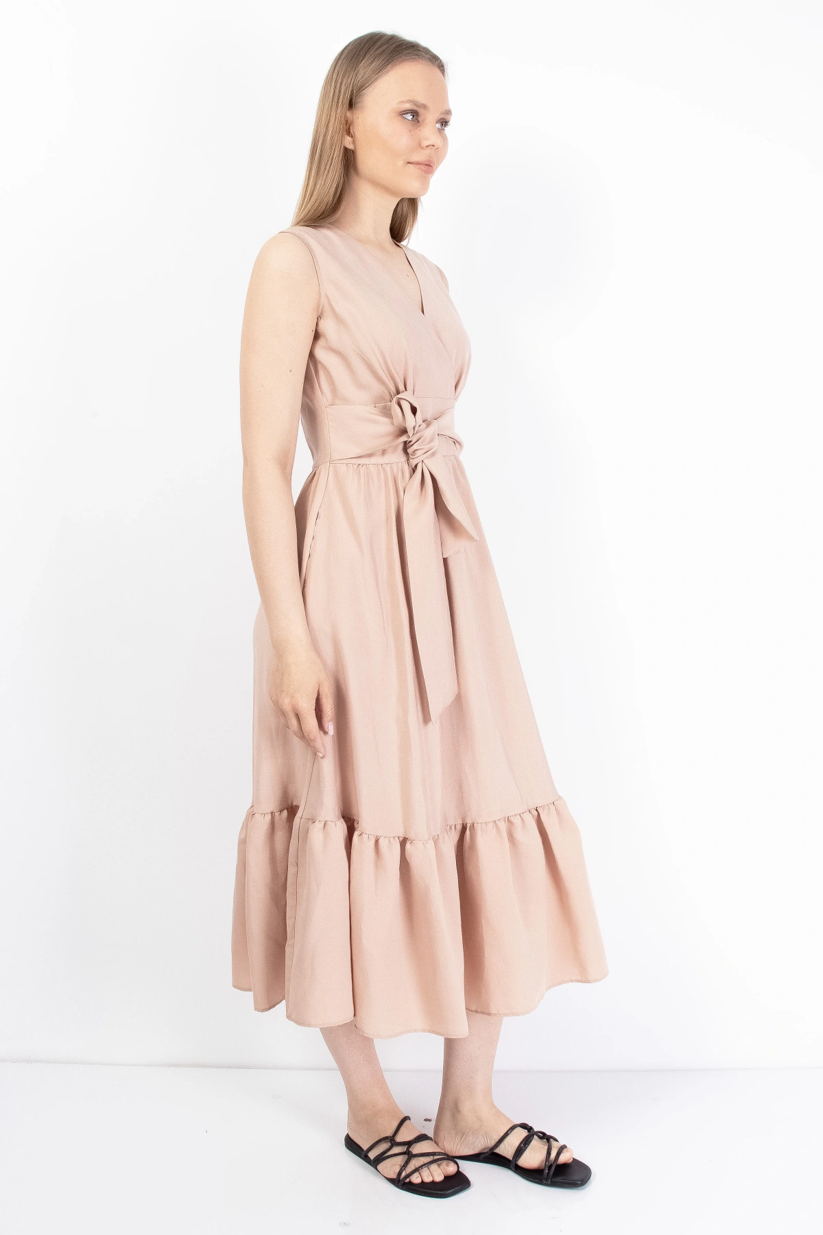 Pembe Kemerli Kruvaze Kadın Midi Elbise