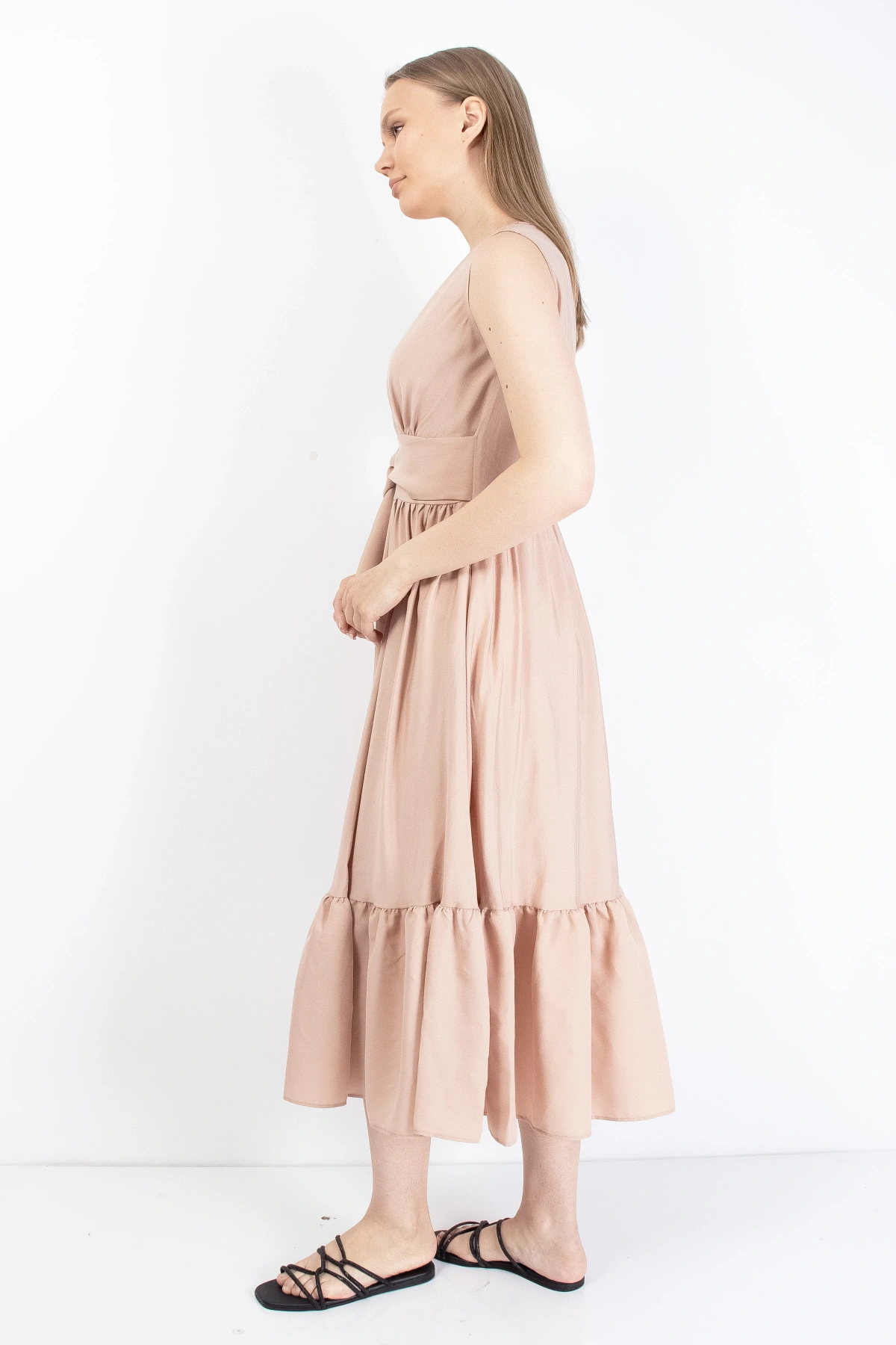 Pembe Kemerli Kruvaze Kadın Midi Elbise