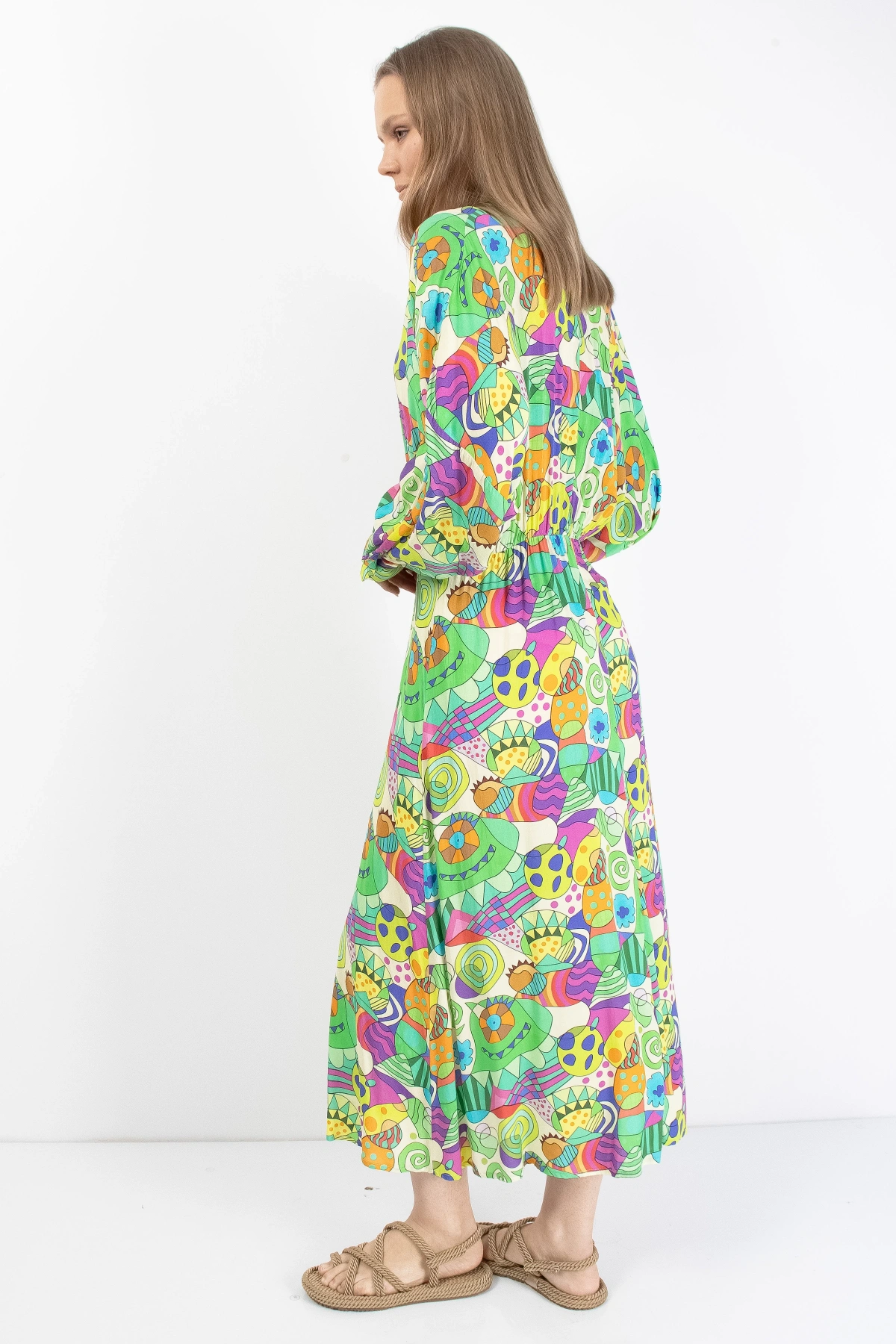 Renkli Desenli Açık Yeşil Midi Elbise