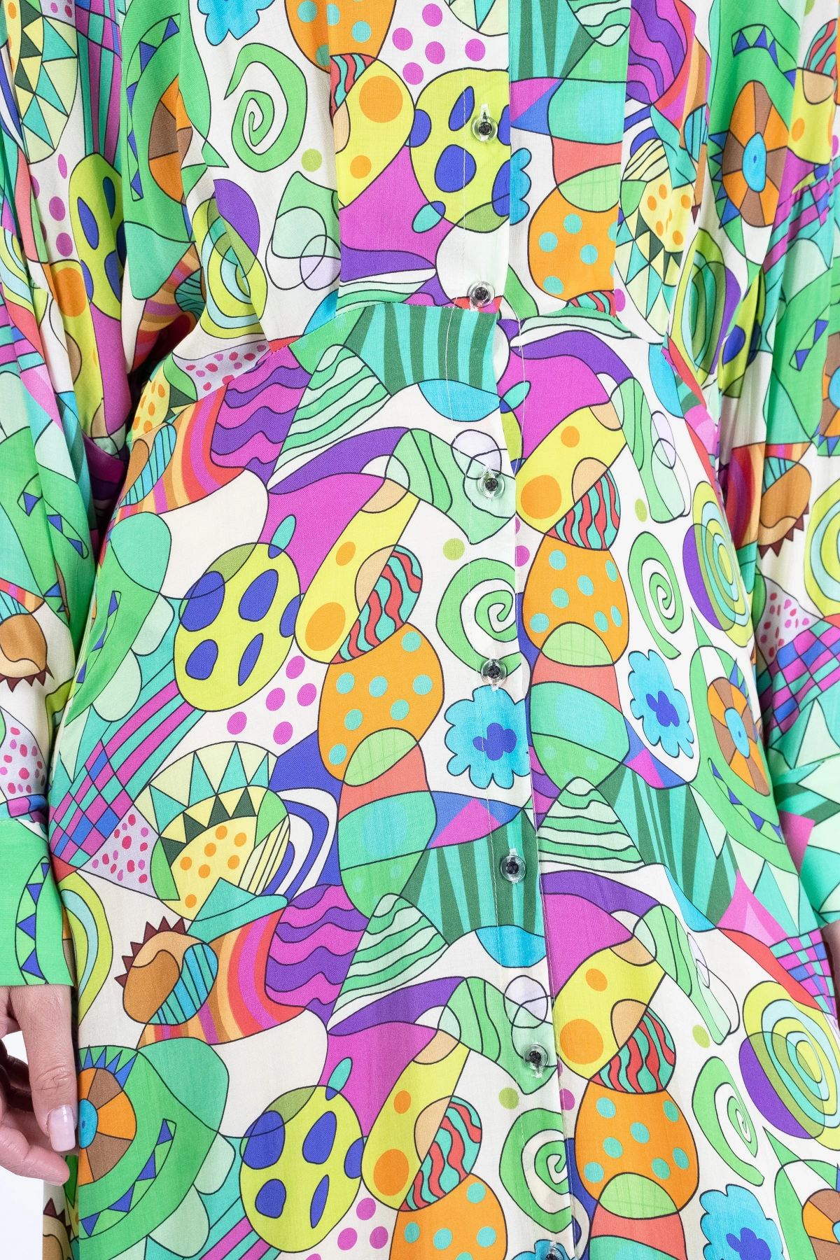 Renkli Desenli Açık Yeşil Midi Elbise