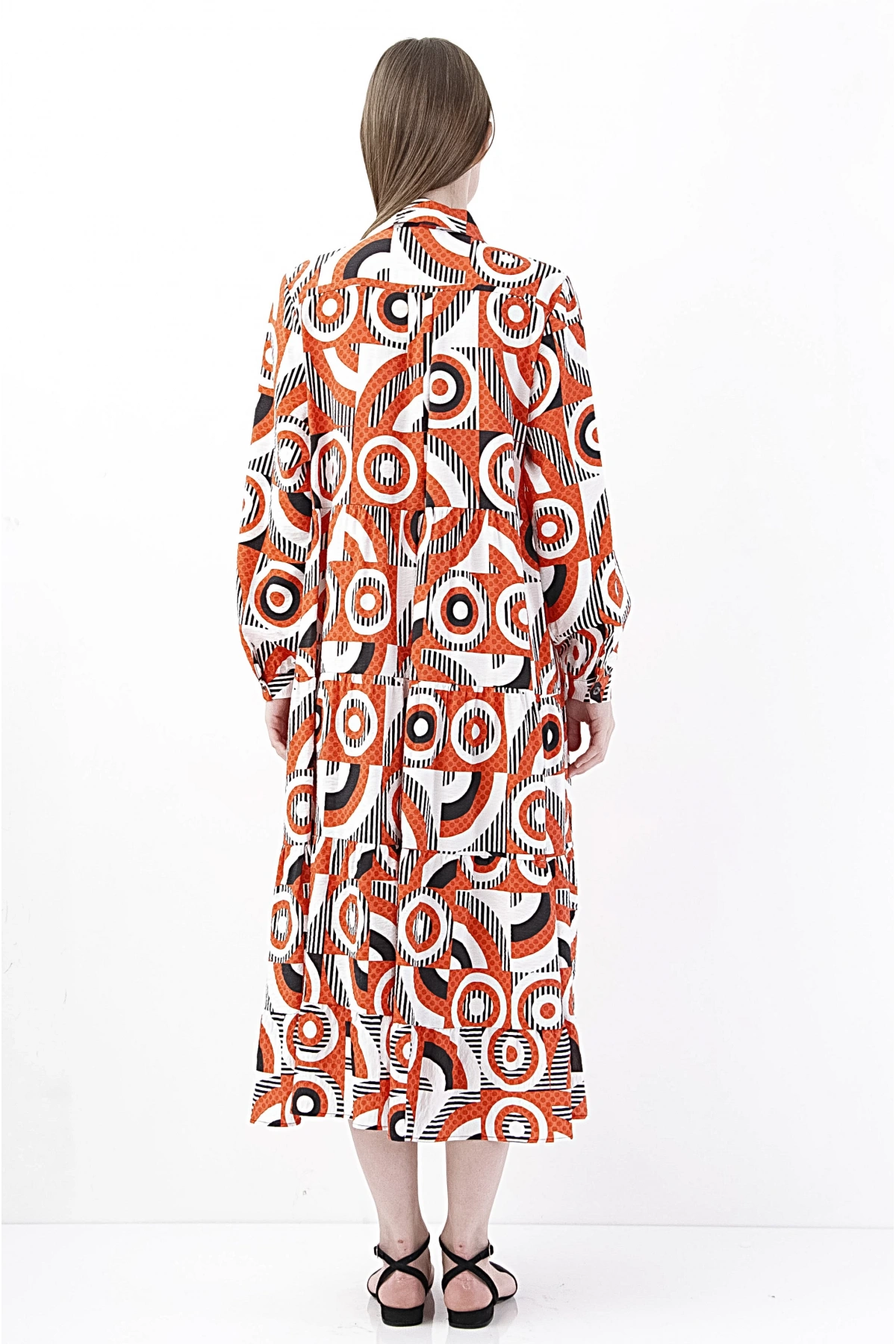 Canlı Turuncu Geometrik Desenli Midi Elbise