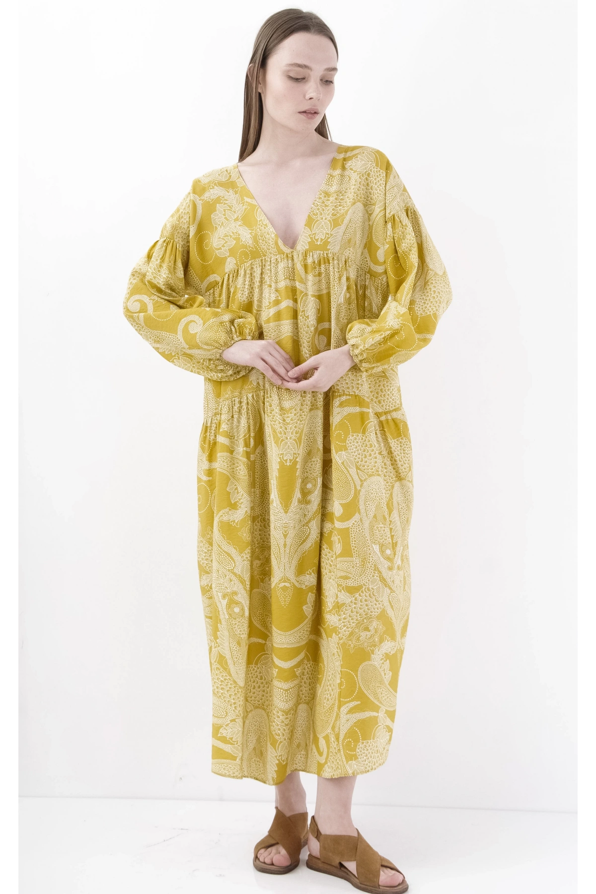 Salaş Bol Dökümlü Viskon Sarı Midi Elbise