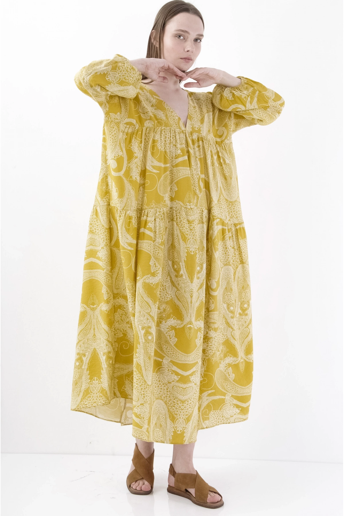 Salaş Bol Dökümlü Viskon Sarı Midi Elbise