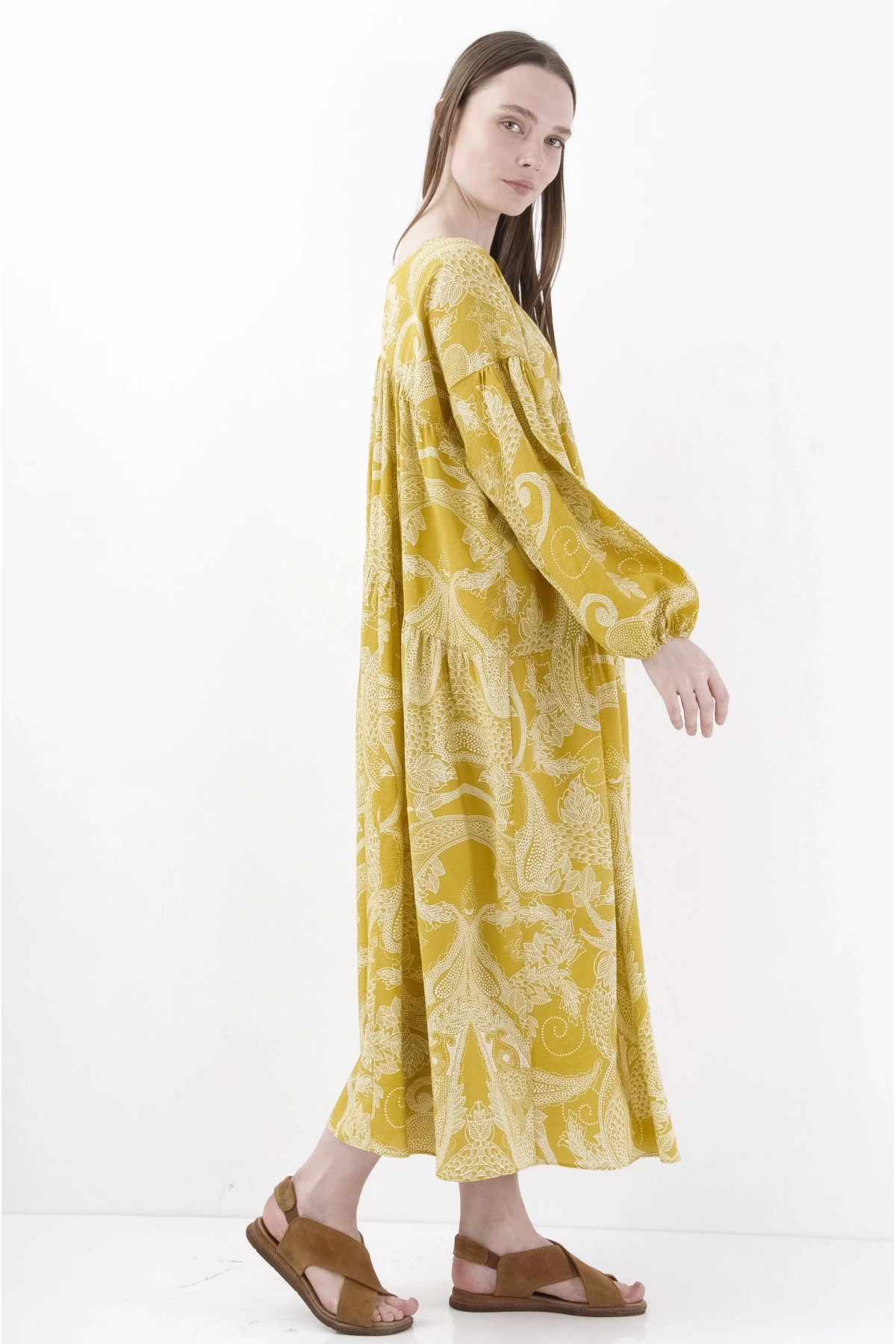 Salaş Bol Dökümlü Viskon Sarı Midi Elbise