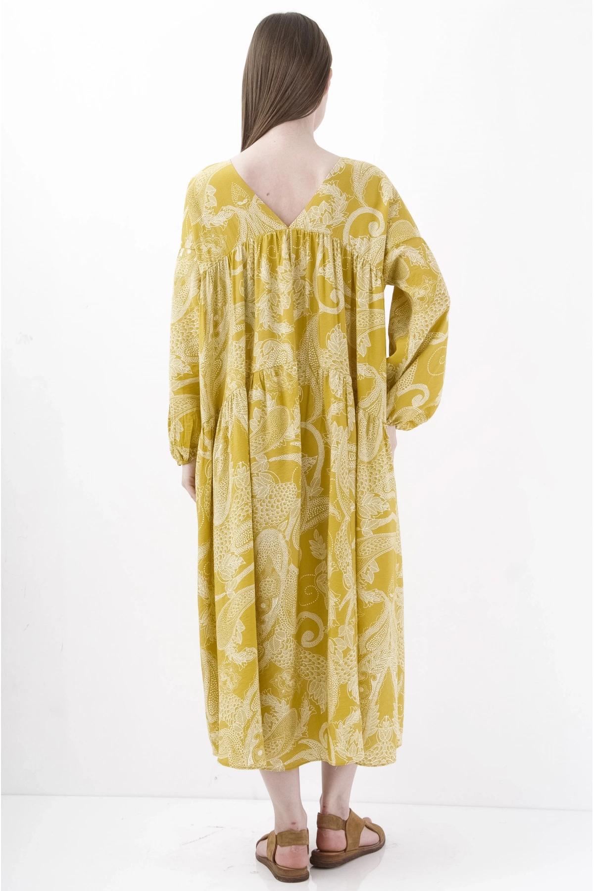 Salaş Bol Dökümlü Viskon Sarı Midi Elbise