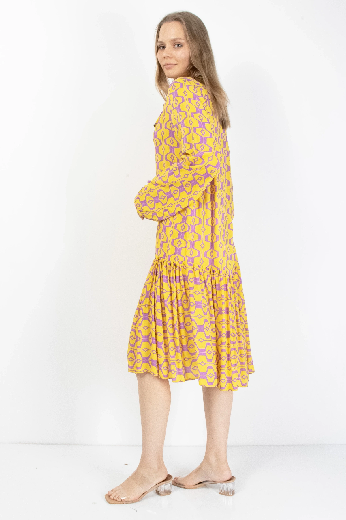 Sarı Mor Düğmeli Kadın Midi Elbise