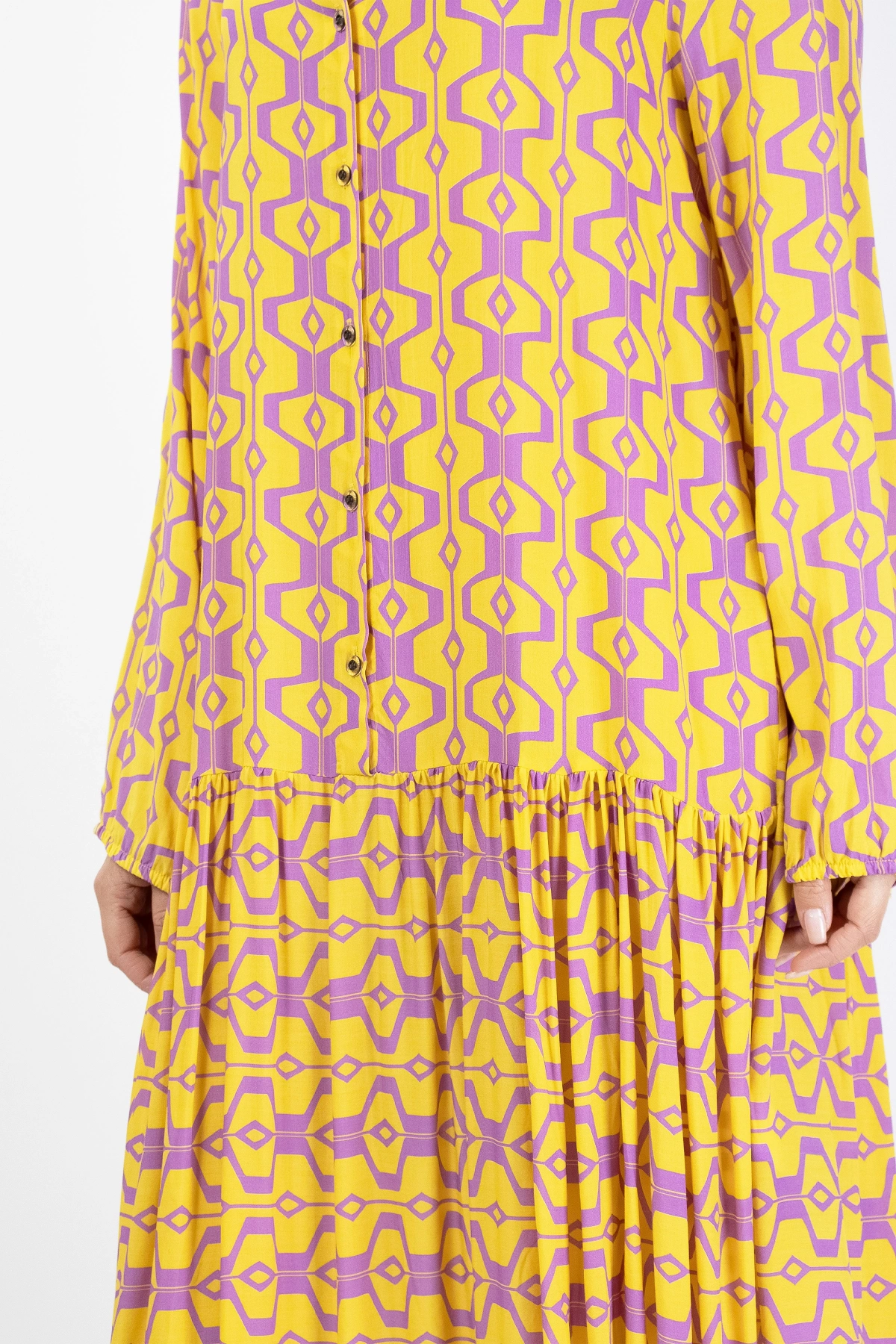 Sarı Mor Düğmeli Kadın Midi Elbise