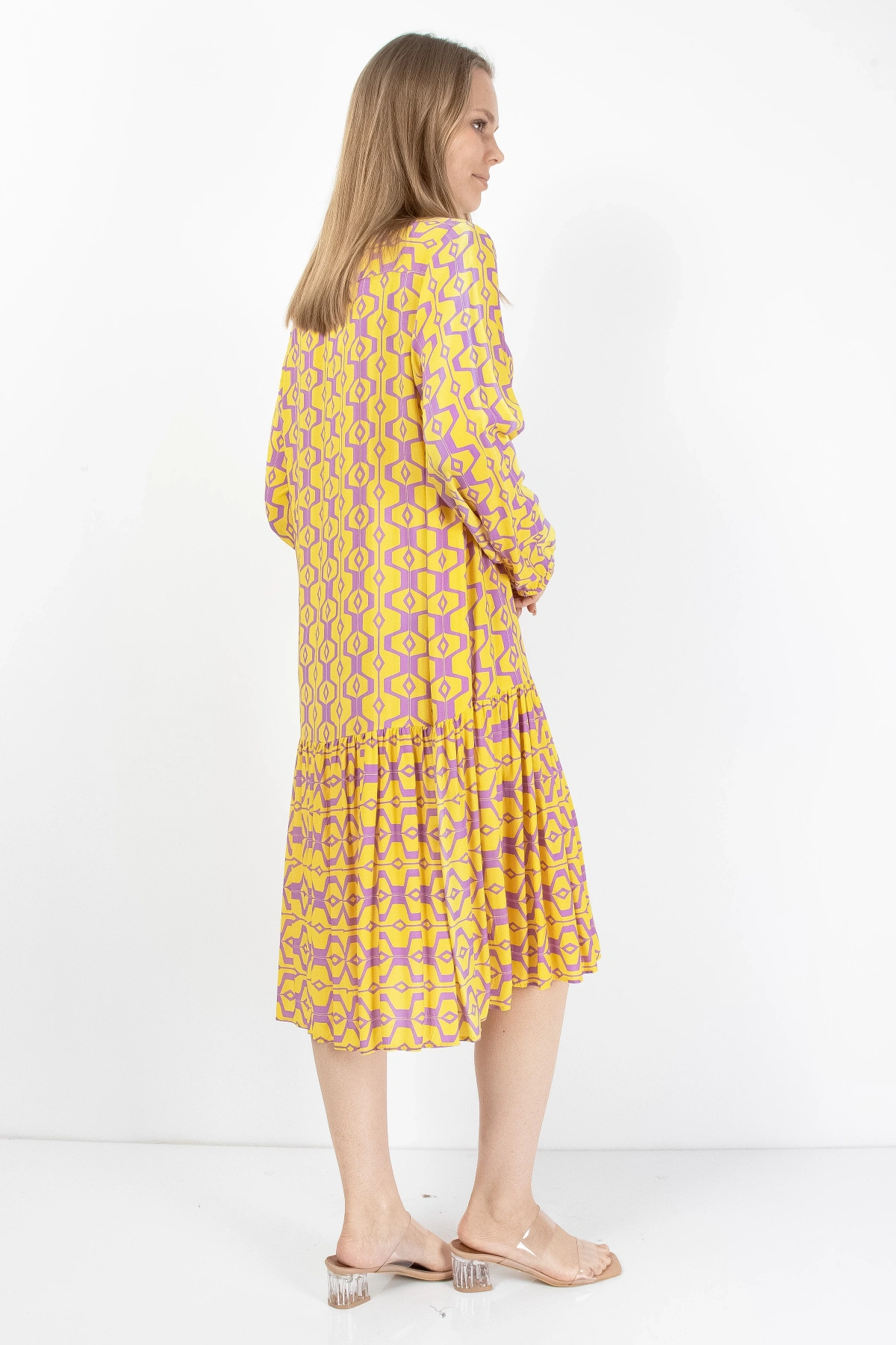 Sarı Mor Düğmeli Kadın Midi Elbise