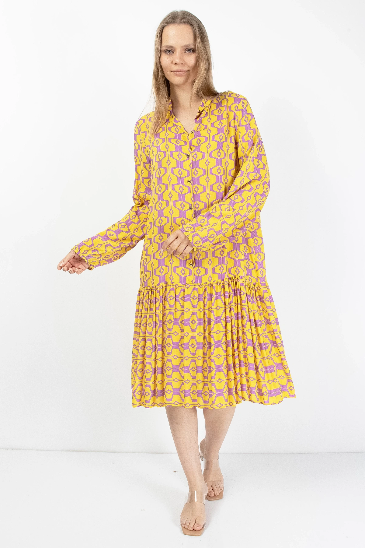 Sarı Mor Düğmeli Kadın Midi Elbise