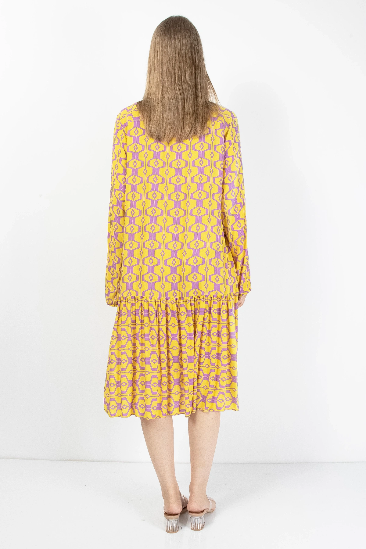 Sarı Mor Düğmeli Kadın Midi Elbise