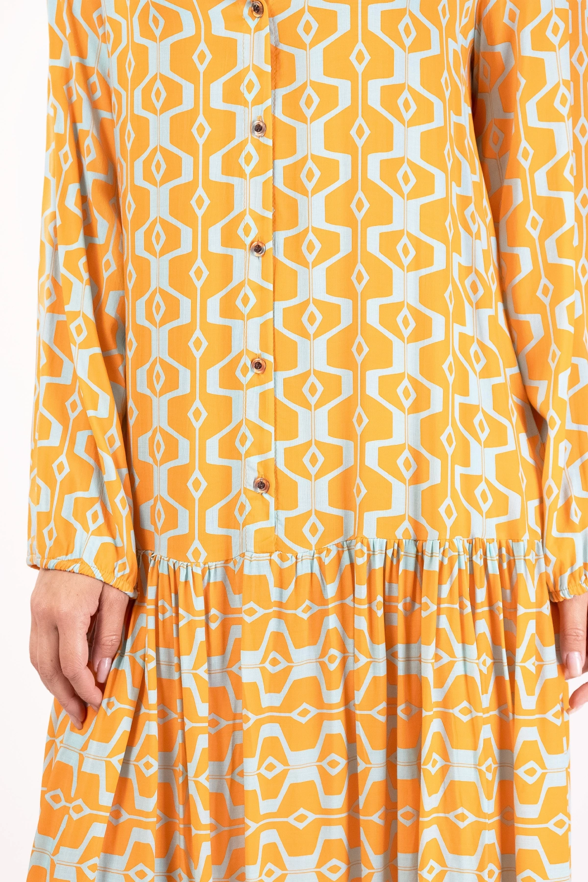 Sarı Turkuaz Düğmeli Kadın Midi Elbise