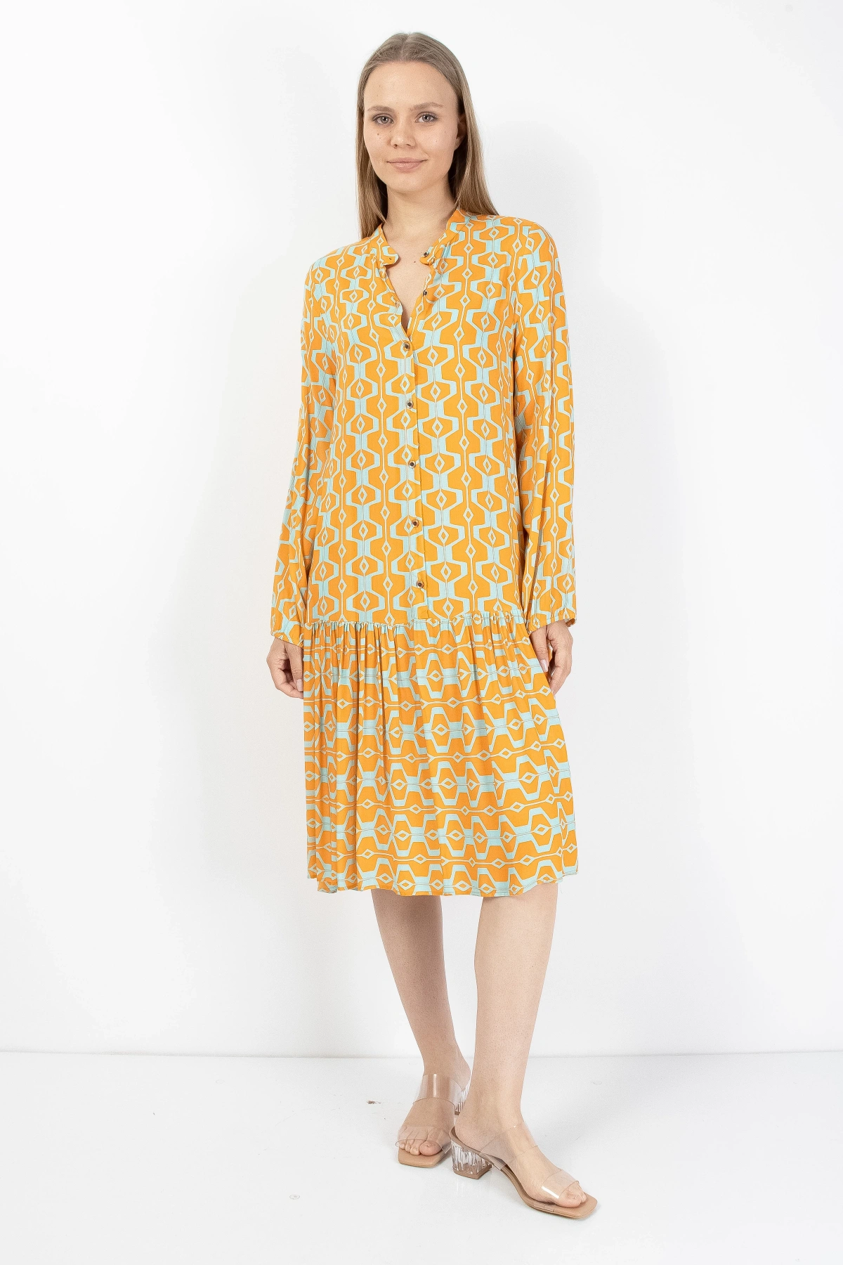 Sarı Turkuaz Düğmeli Kadın Midi Elbise