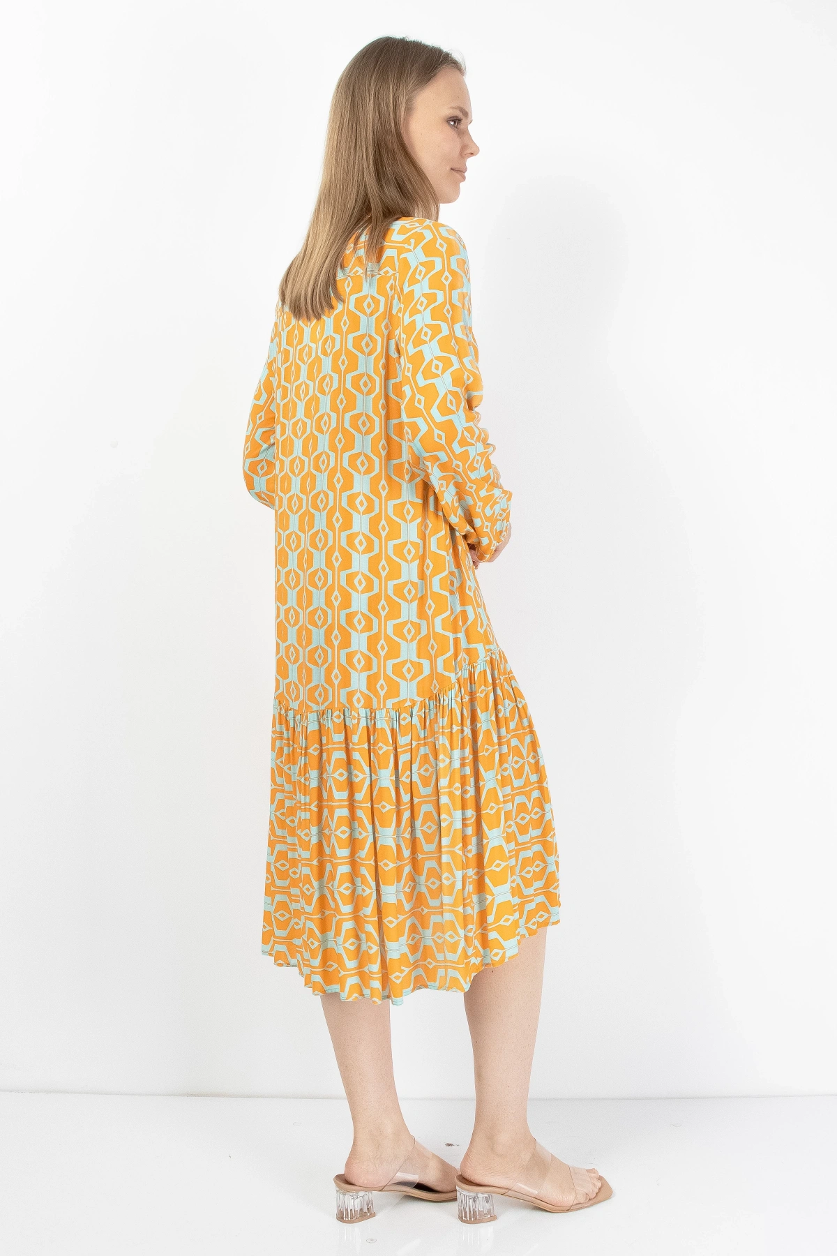 Sarı Turkuaz Düğmeli Kadın Midi Elbise