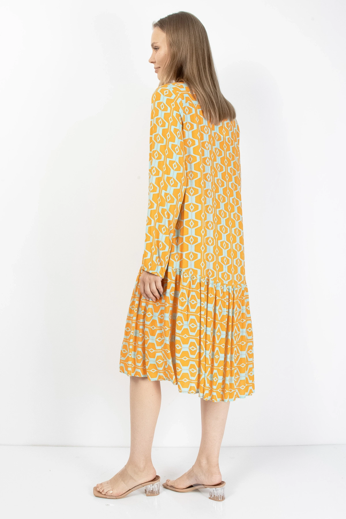 Sarı Turkuaz Düğmeli Kadın Midi Elbise