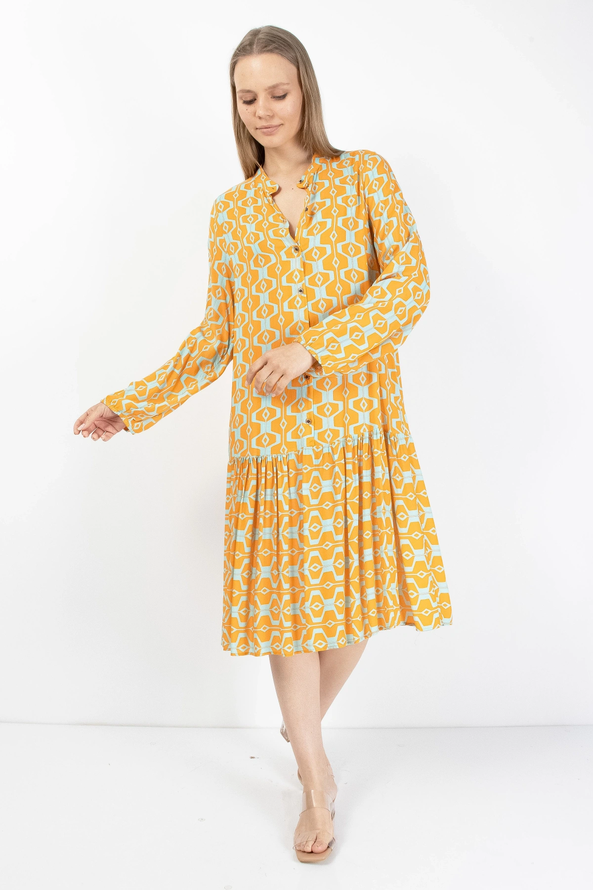 Sarı Turkuaz Düğmeli Kadın Midi Elbise