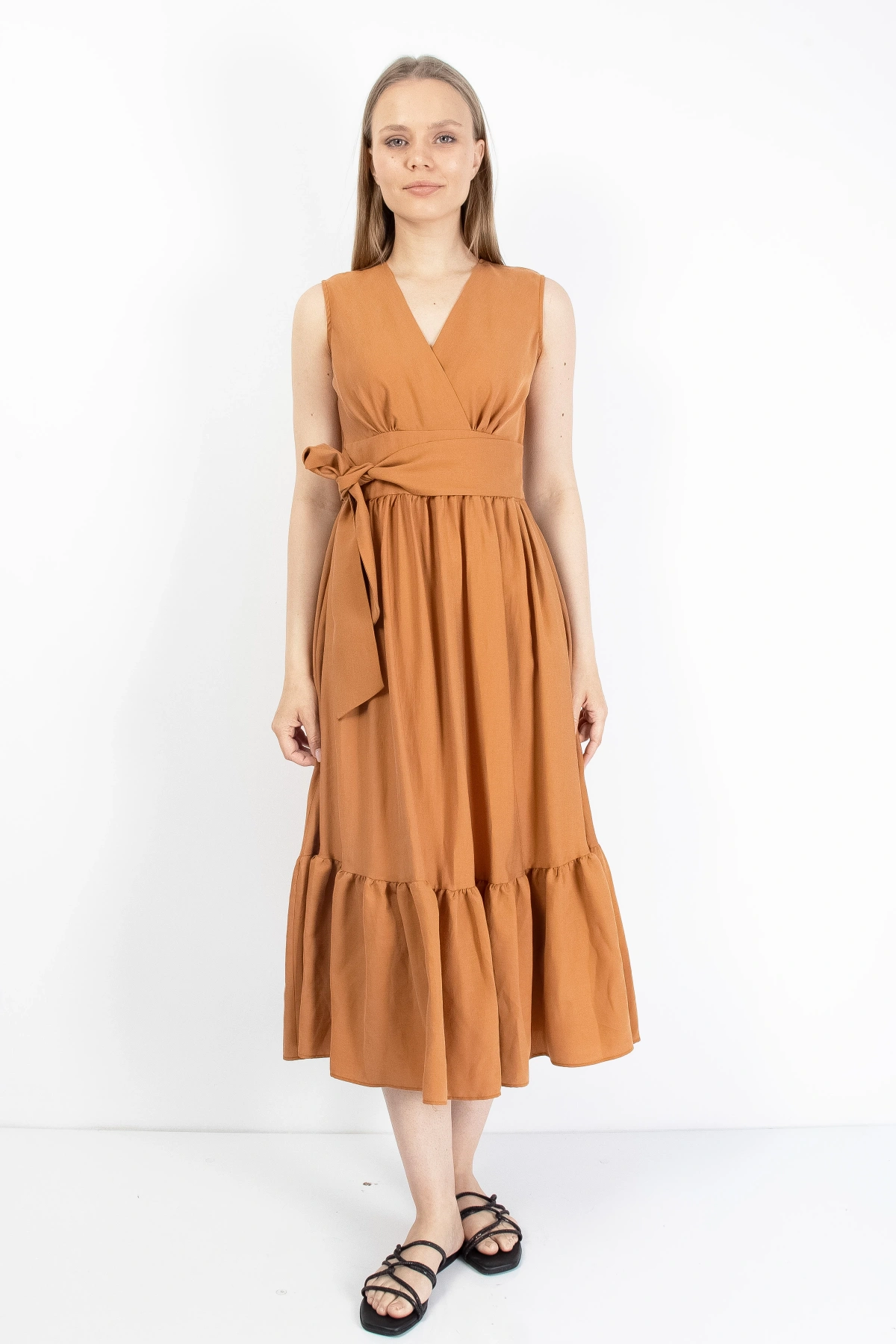 Tarçın Renkli Kemerli Kruvaze Kadın Midi Elbise