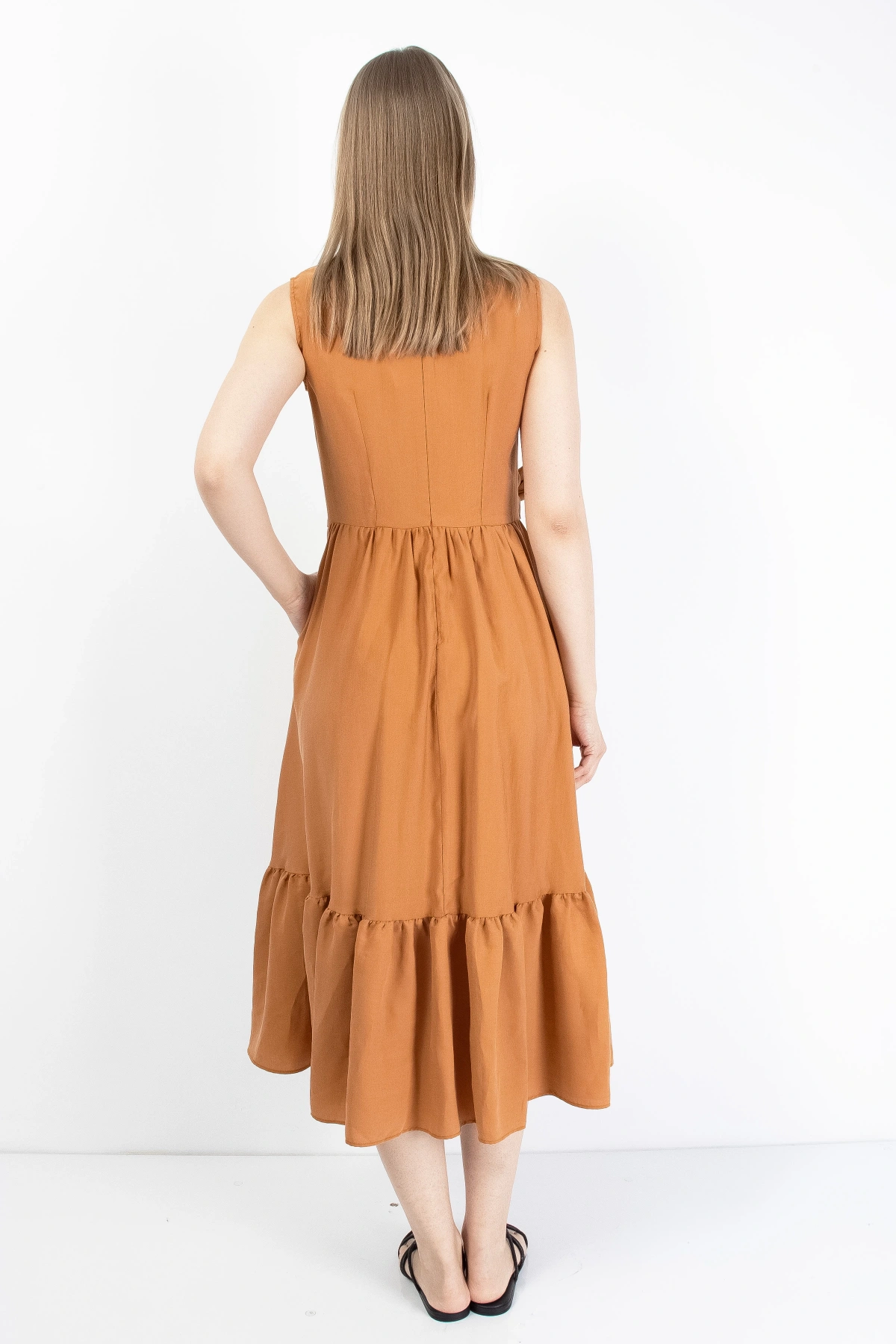 Tarçın Renkli Kemerli Kruvaze Kadın Midi Elbise