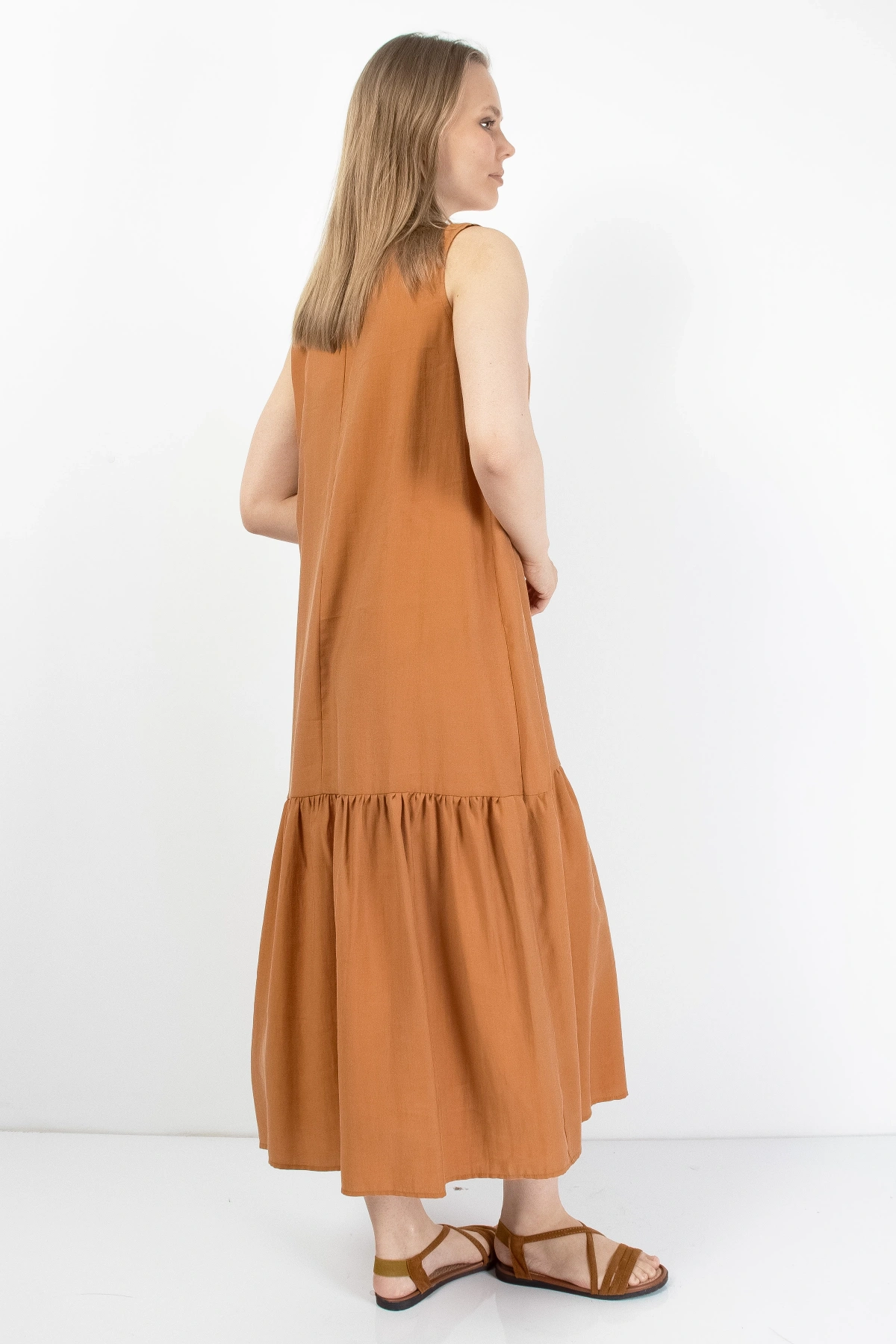 Tarçın Rengi Volanlı Kadın Midi Elbise