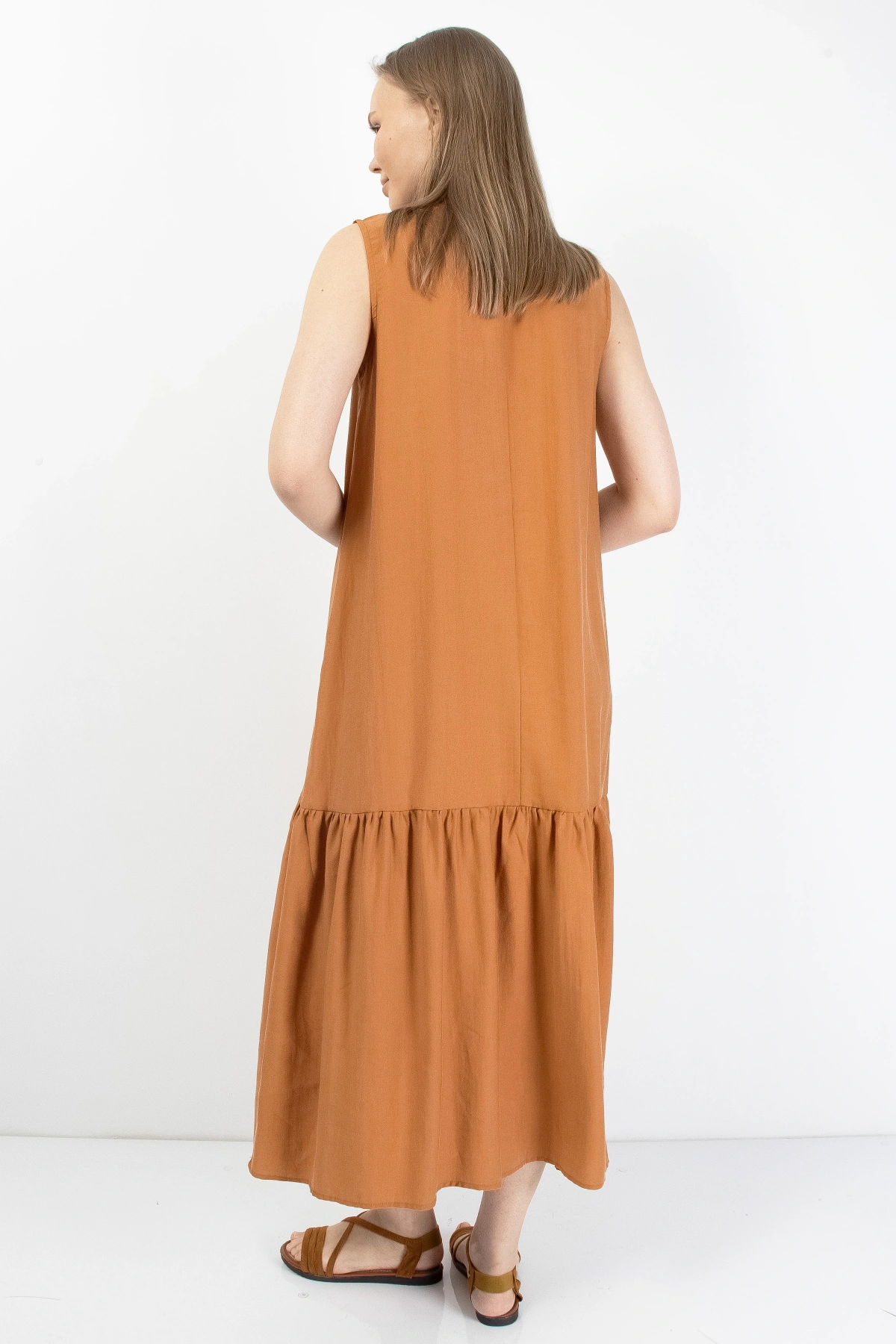 Tarçın Rengi Volanlı Kadın Midi Elbise