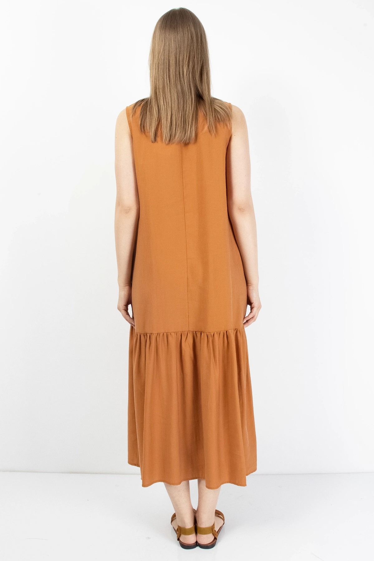 Tarçın Rengi Volanlı Kadın Midi Elbise