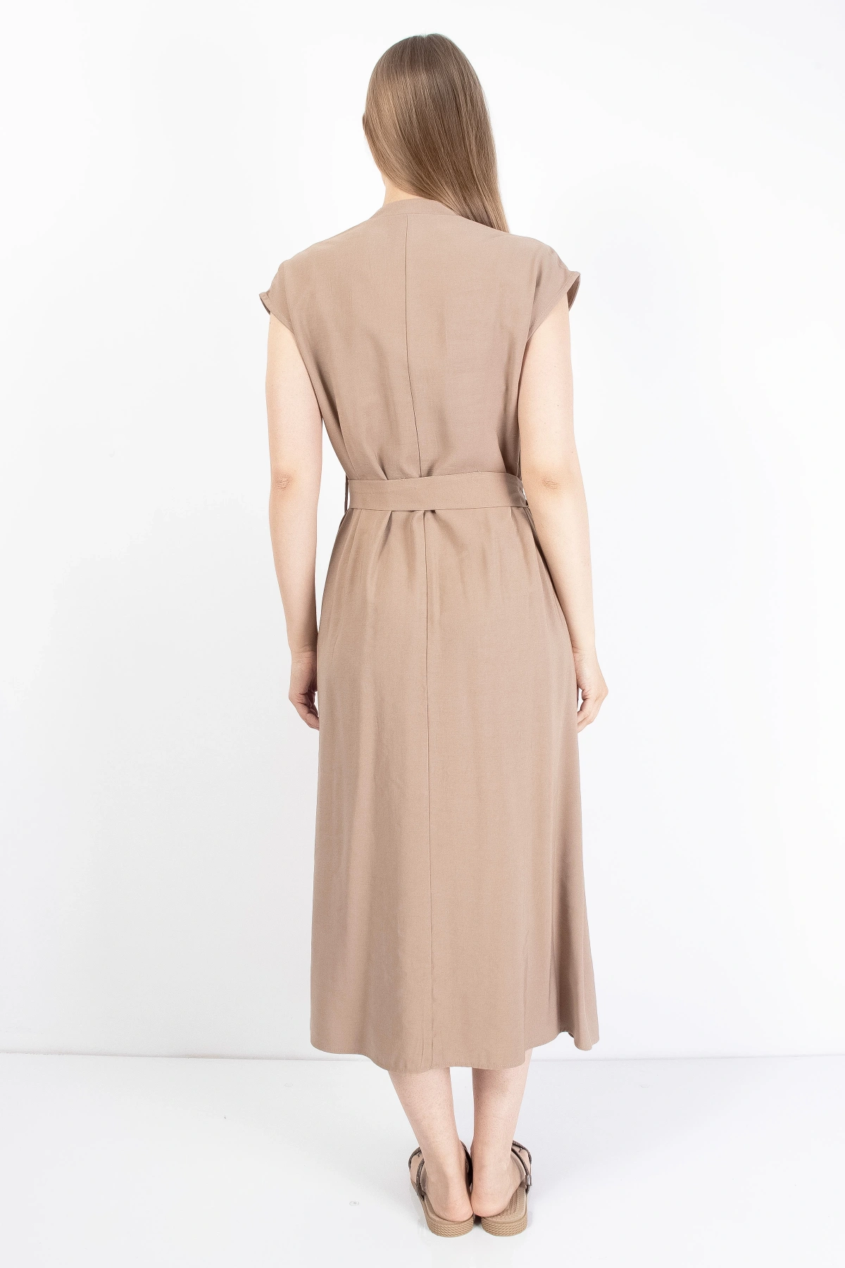 Şık Bej Kemerli Kadın Midi Elbise