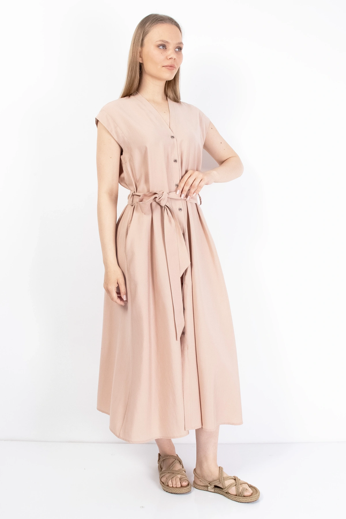 Şık Bel Bağlı Yazlık Pembe Kadın Midi Elbise
