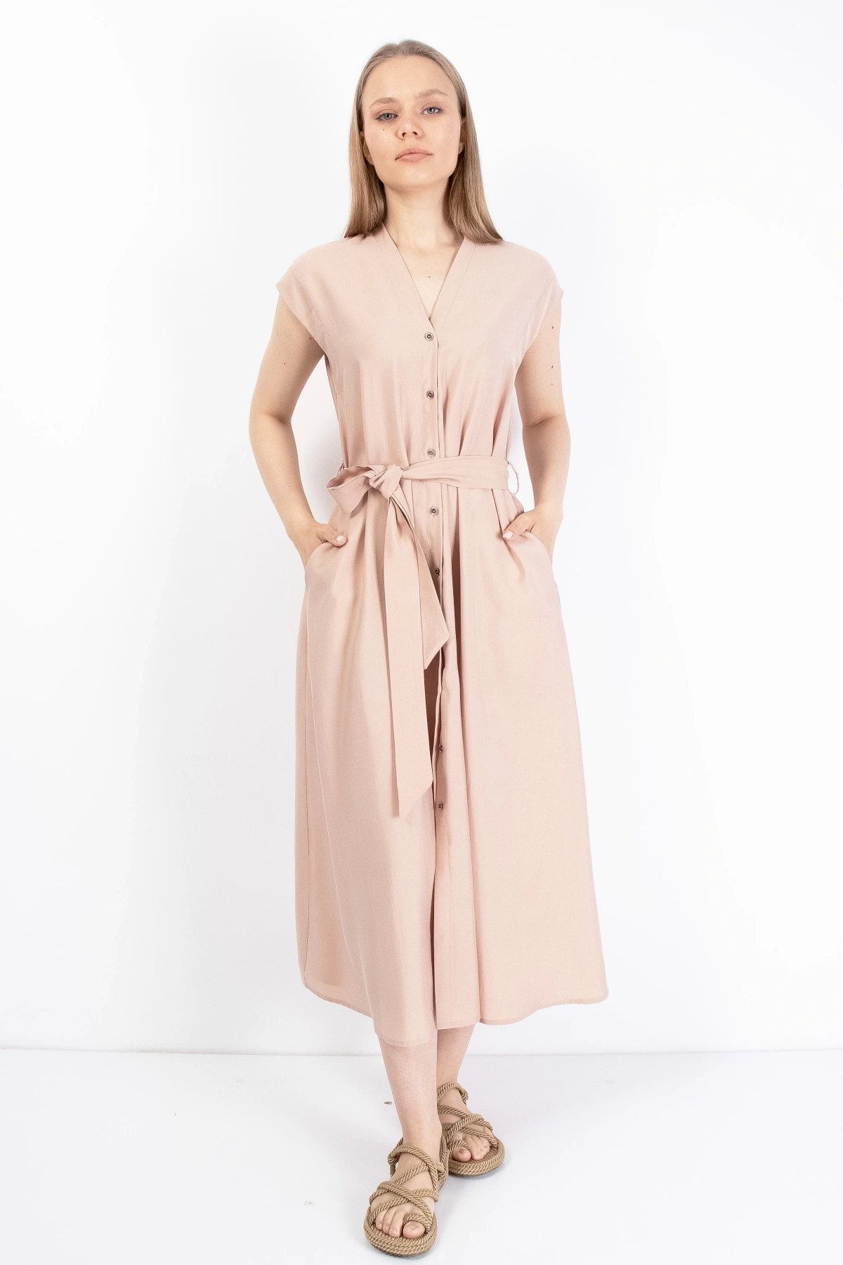 Şık Bel Bağlı Yazlık Pembe Kadın Midi Elbise