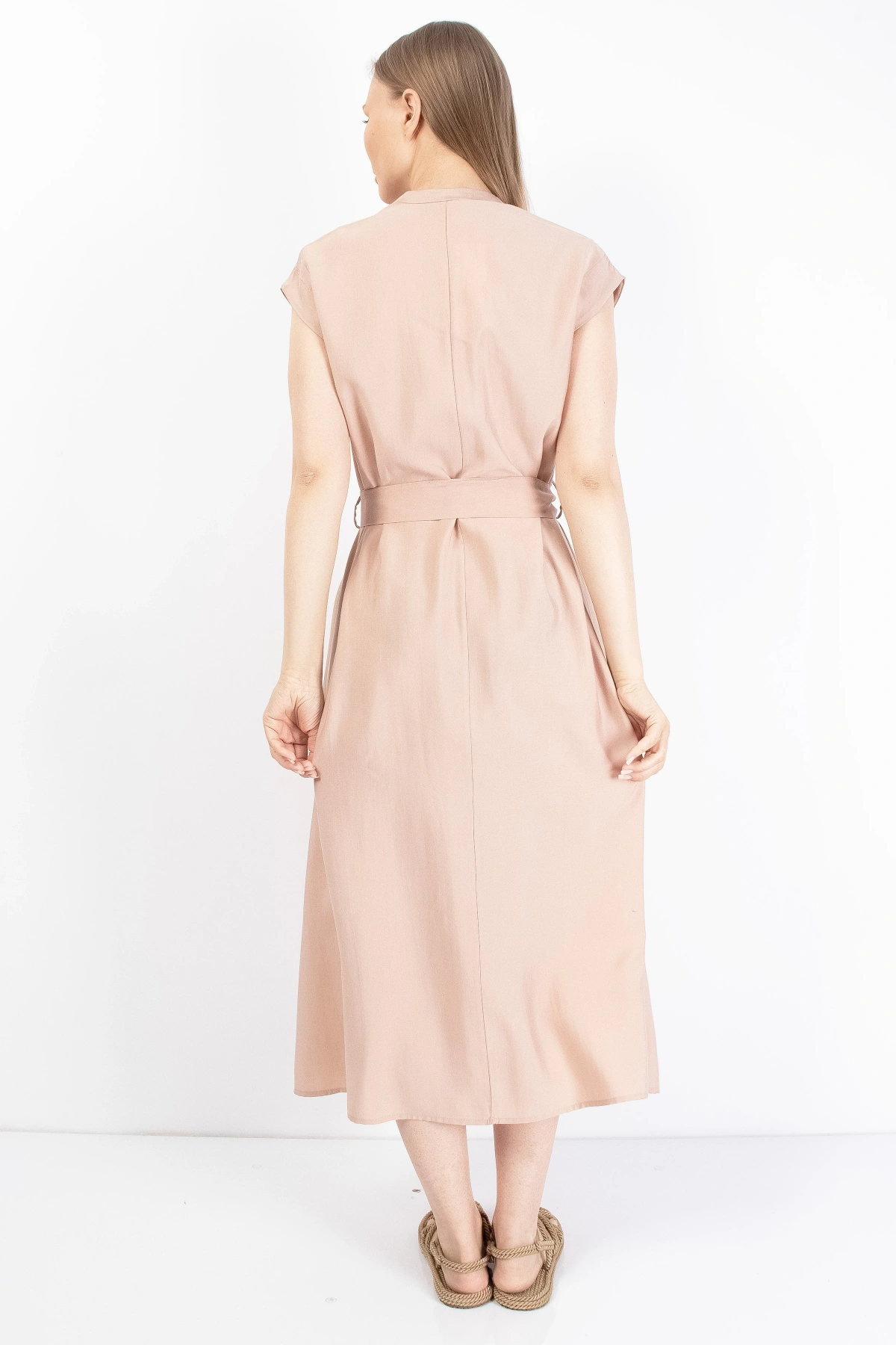 Şık Bel Bağlı Yazlık Pembe Kadın Midi Elbise