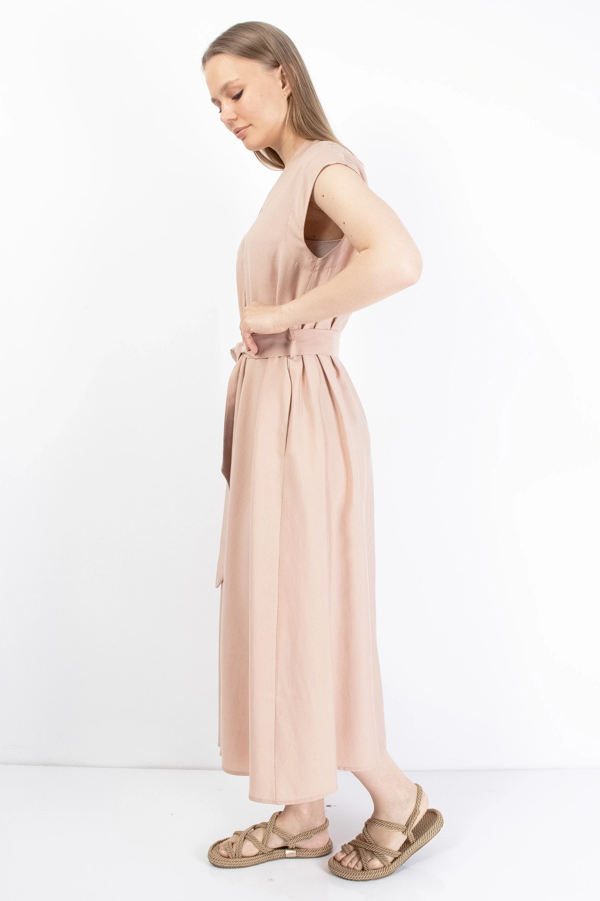 Şık Bel Bağlı Yazlık Pembe Kadın Midi Elbise
