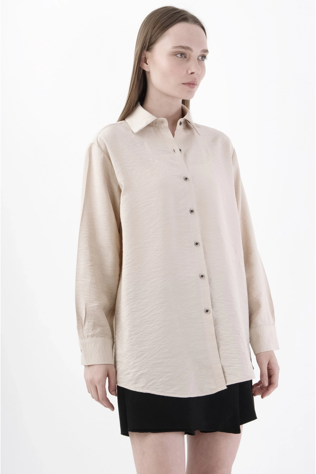 Şık Bej Kadın Gömlek Uzun Kollu Viskon Bluz