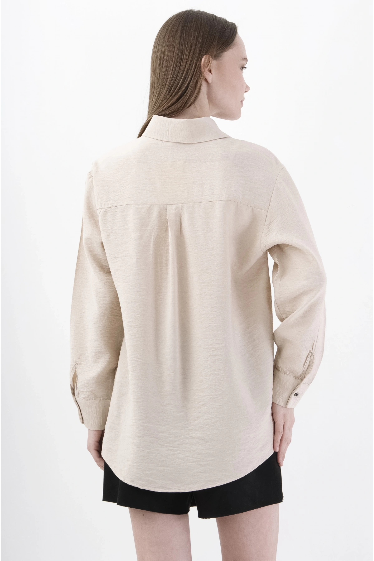 Şık Bej Kadın Gömlek Uzun Kollu Viskon Bluz