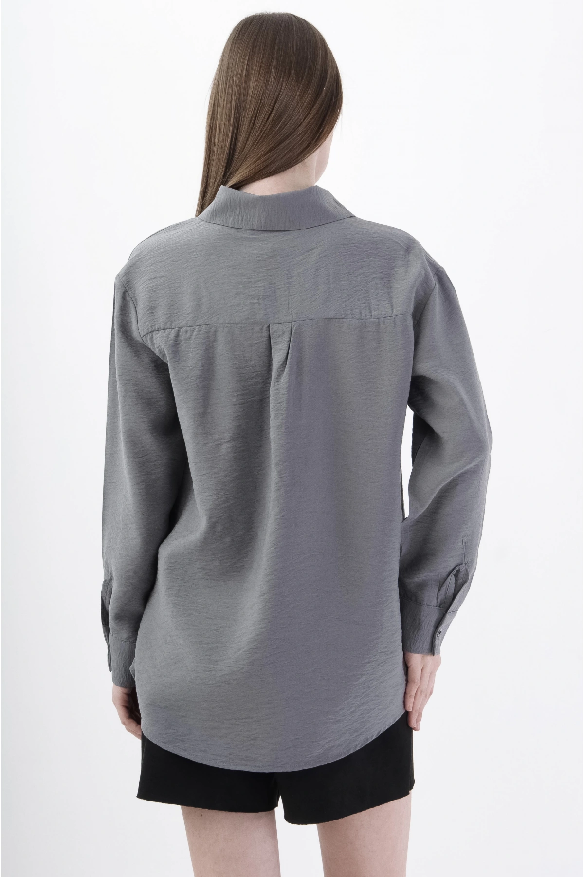 Gri Şık Uzun Kollu Viskon Kadın Gömlek