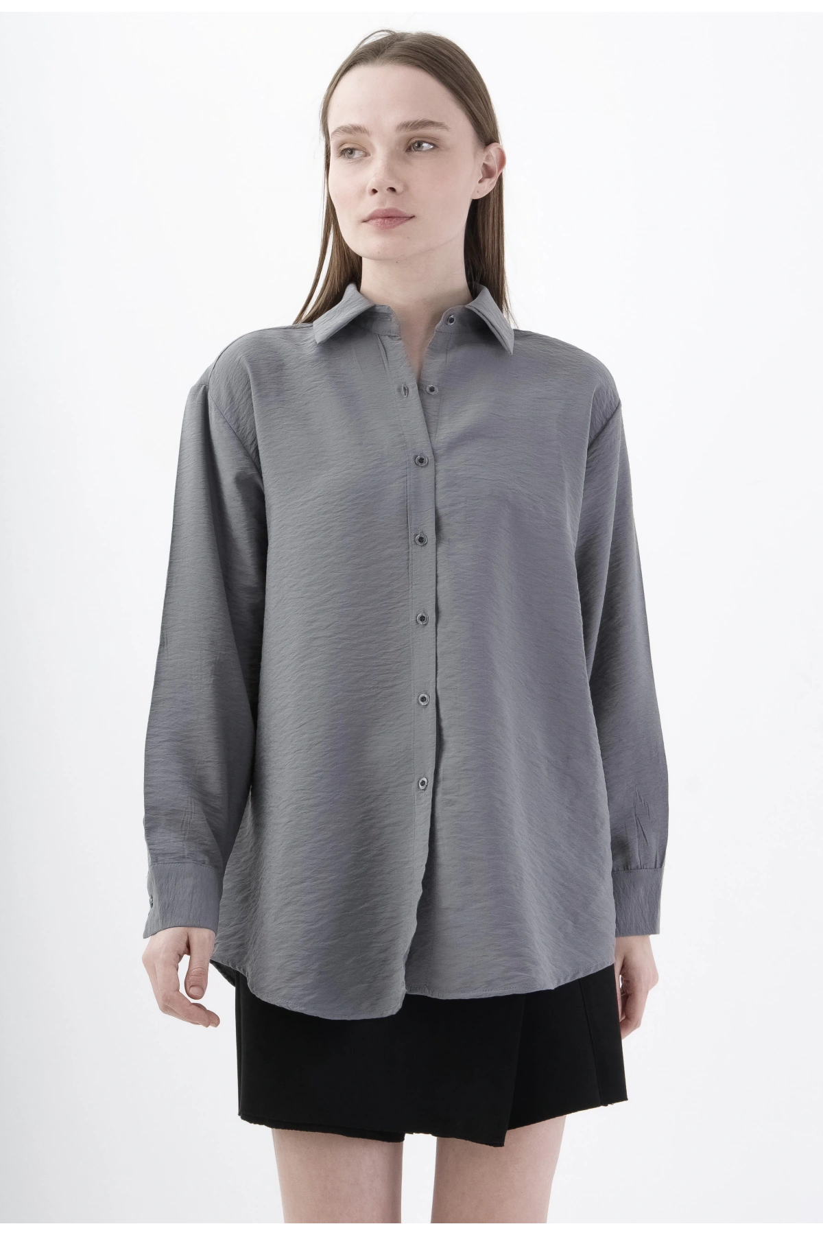 Gri Şık Uzun Kollu Viskon Kadın Gömlek